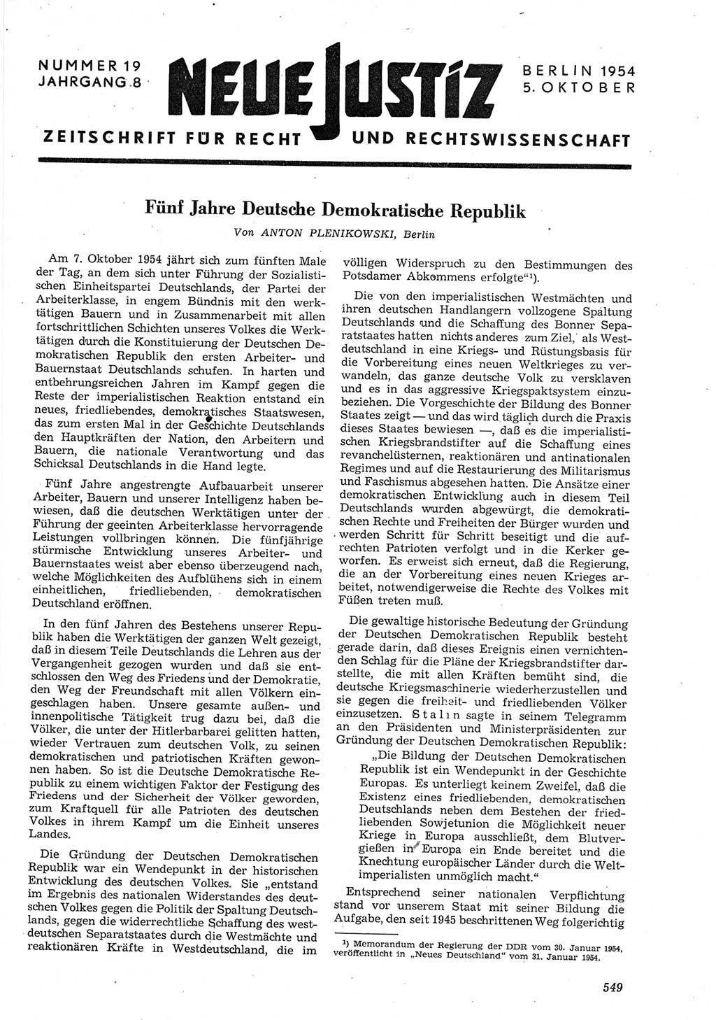 Neue Justiz (NJ), Zeitschrift für Recht und Rechtswissenschaft [Deutsche Demokratische Republik (DDR)], 8. Jahrgang 1954, Seite 549 (NJ DDR 1954, S. 549)