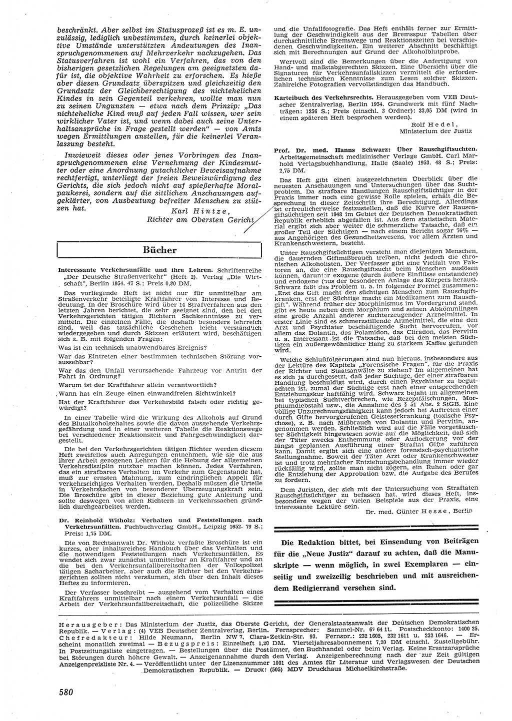 Neue Justiz (NJ), Zeitschrift für Recht und Rechtswissenschaft [Deutsche Demokratische Republik (DDR)], 8. Jahrgang 1954, Seite 580 (NJ DDR 1954, S. 580)