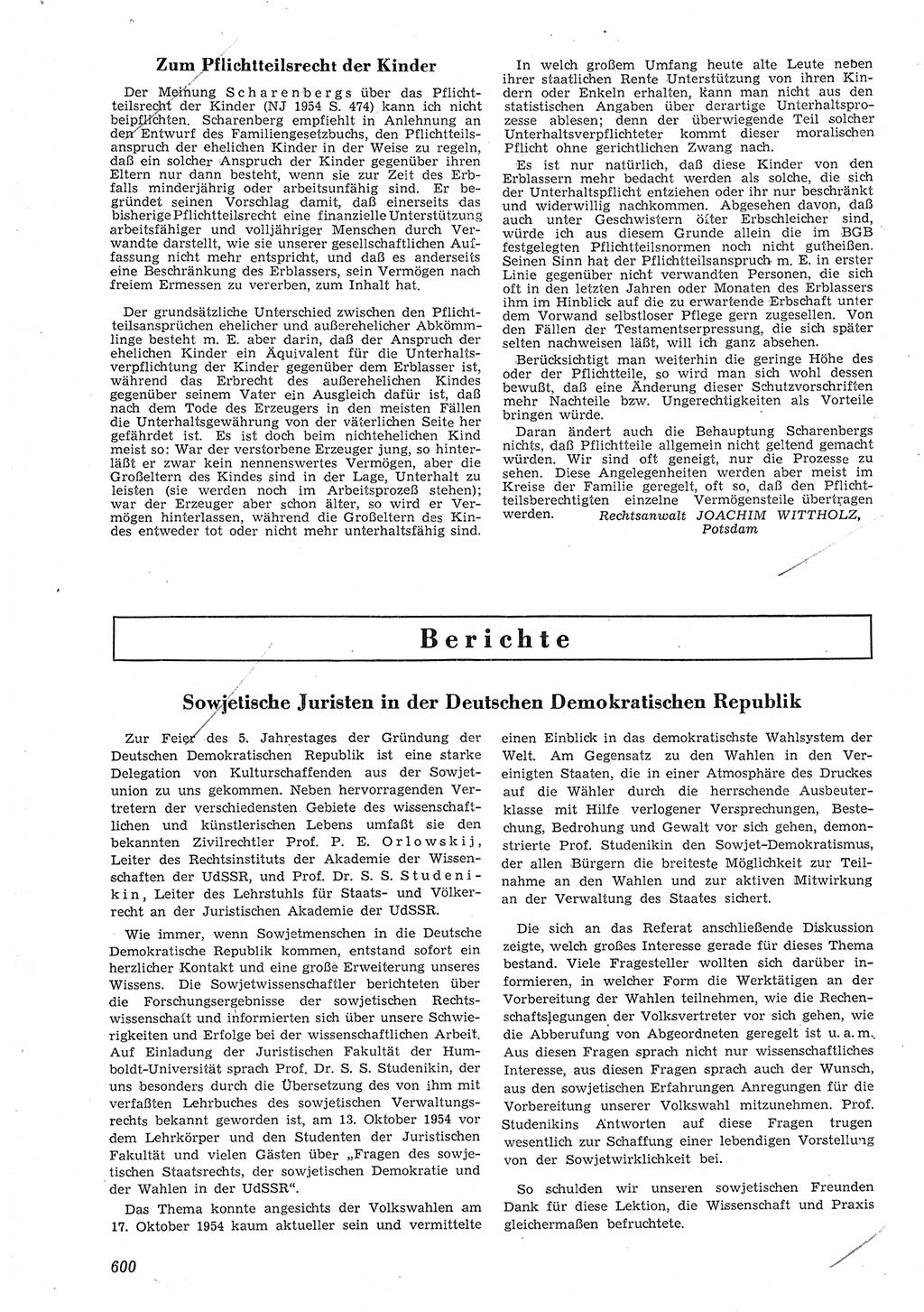 Neue Justiz (NJ), Zeitschrift für Recht und Rechtswissenschaft [Deutsche Demokratische Republik (DDR)], 8. Jahrgang 1954, Seite 600 (NJ DDR 1954, S. 600)