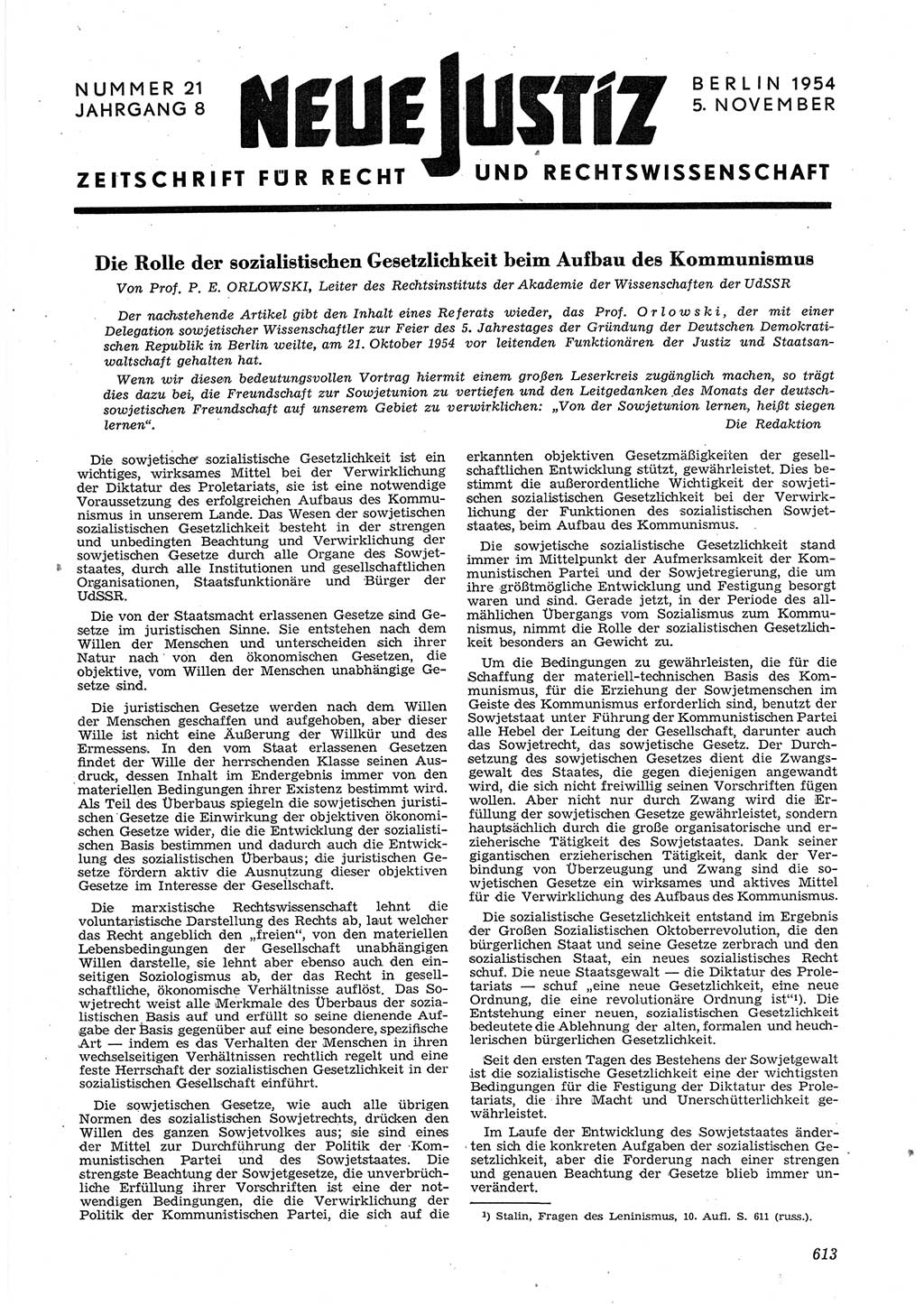Neue Justiz (NJ), Zeitschrift für Recht und Rechtswissenschaft [Deutsche Demokratische Republik (DDR)], 8. Jahrgang 1954, Seite 613 (NJ DDR 1954, S. 613)
