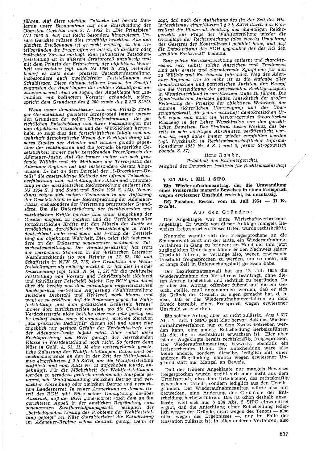 Neue Justiz (NJ), Zeitschrift für Recht und Rechtswissenschaft [Deutsche Demokratische Republik (DDR)], 8. Jahrgang 1954, Seite 637 (NJ DDR 1954, S. 637)