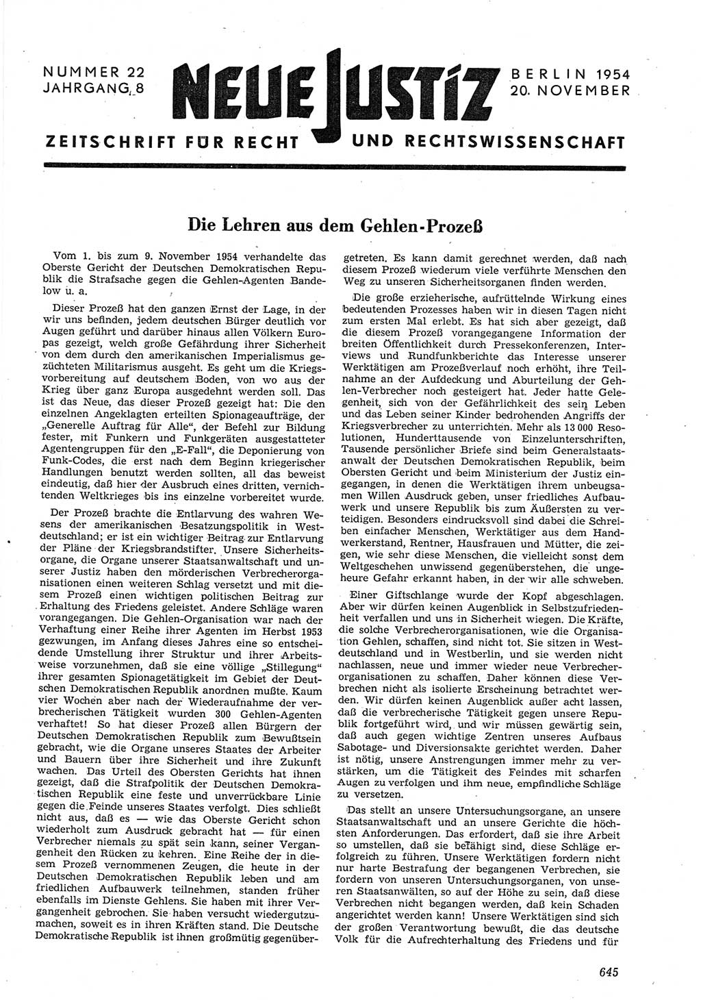Neue Justiz (NJ), Zeitschrift für Recht und Rechtswissenschaft [Deutsche Demokratische Republik (DDR)], 8. Jahrgang 1954, Seite 645 (NJ DDR 1954, S. 645)