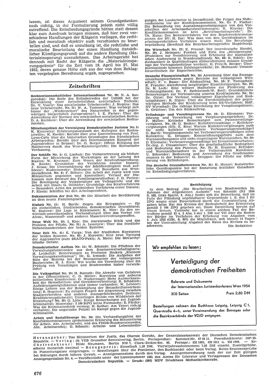 Neue Justiz (NJ), Zeitschrift für Recht und Rechtswissenschaft [Deutsche Demokratische Republik (DDR)], 8. Jahrgang 1954, Seite 676 (NJ DDR 1954, S. 676)