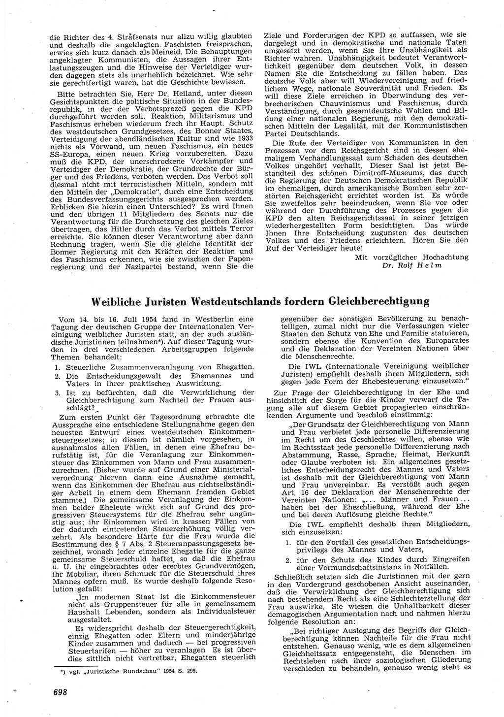 Neue Justiz (NJ), Zeitschrift für Recht und Rechtswissenschaft [Deutsche Demokratische Republik (DDR)], 8. Jahrgang 1954, Seite 698 (NJ DDR 1954, S. 698)