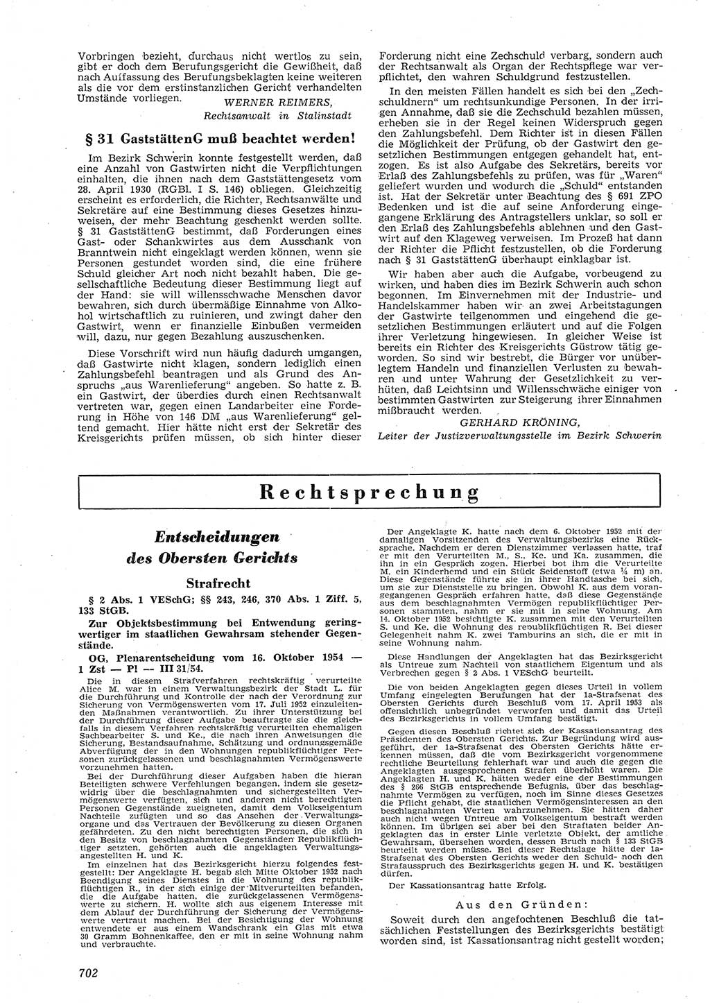 Neue Justiz (NJ), Zeitschrift für Recht und Rechtswissenschaft [Deutsche Demokratische Republik (DDR)], 8. Jahrgang 1954, Seite 702 (NJ DDR 1954, S. 702)