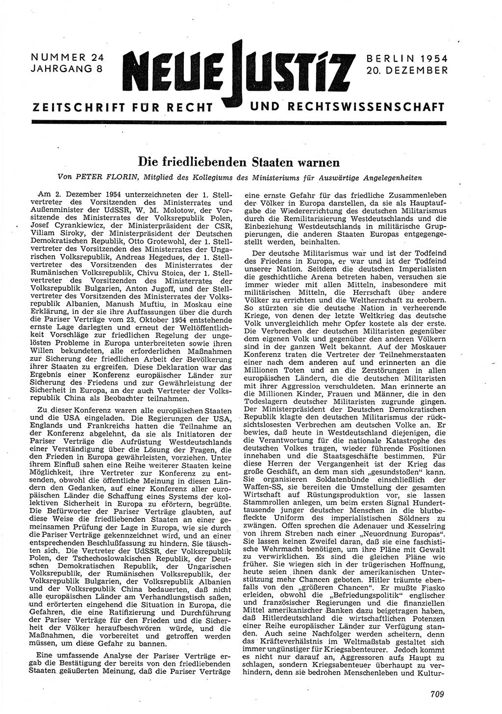 Neue Justiz (NJ), Zeitschrift für Recht und Rechtswissenschaft [Deutsche Demokratische Republik (DDR)], 8. Jahrgang 1954, Seite 709 (NJ DDR 1954, S. 709)