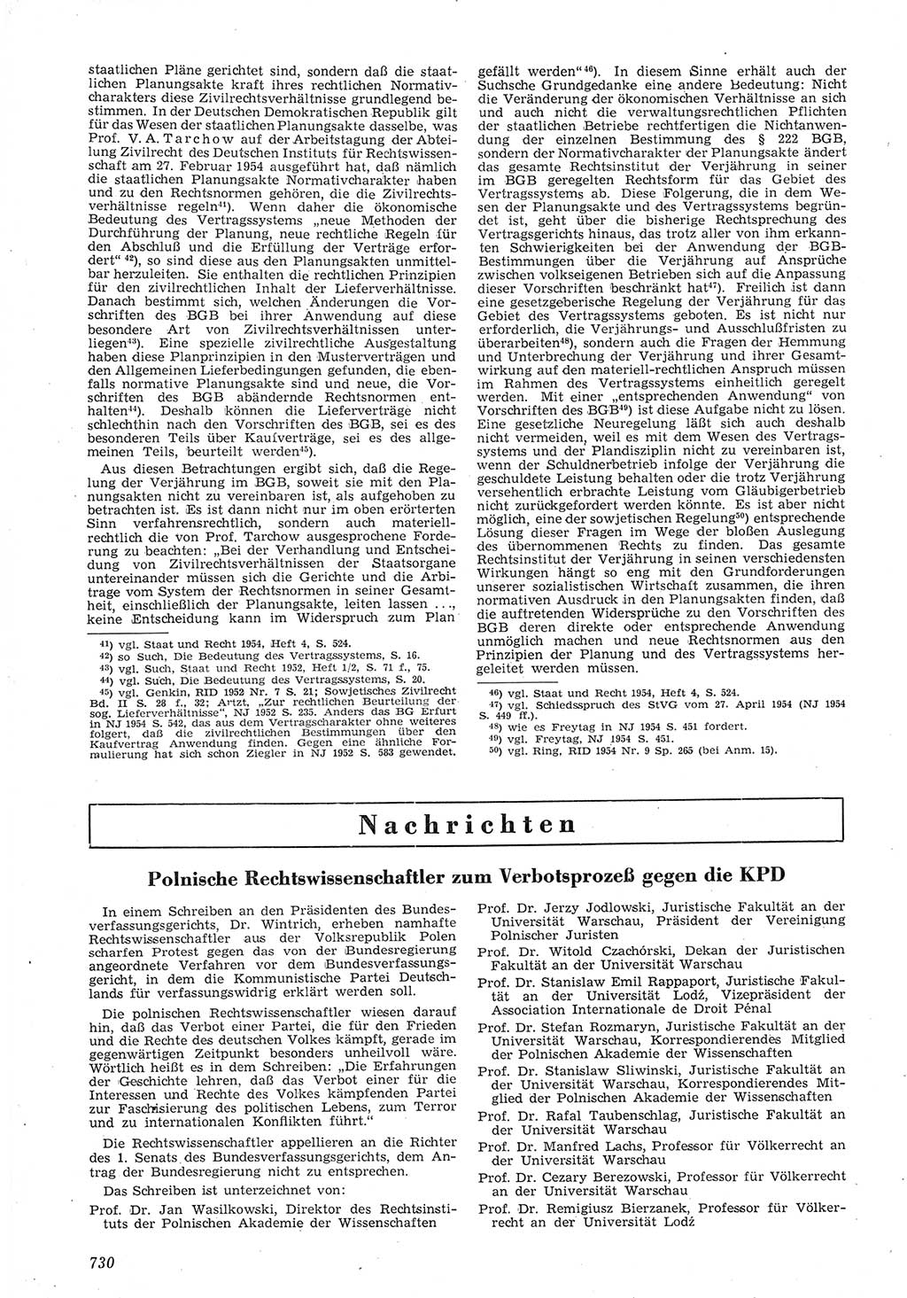 Neue Justiz (NJ), Zeitschrift für Recht und Rechtswissenschaft [Deutsche Demokratische Republik (DDR)], 8. Jahrgang 1954, Seite 730 (NJ DDR 1954, S. 730)
