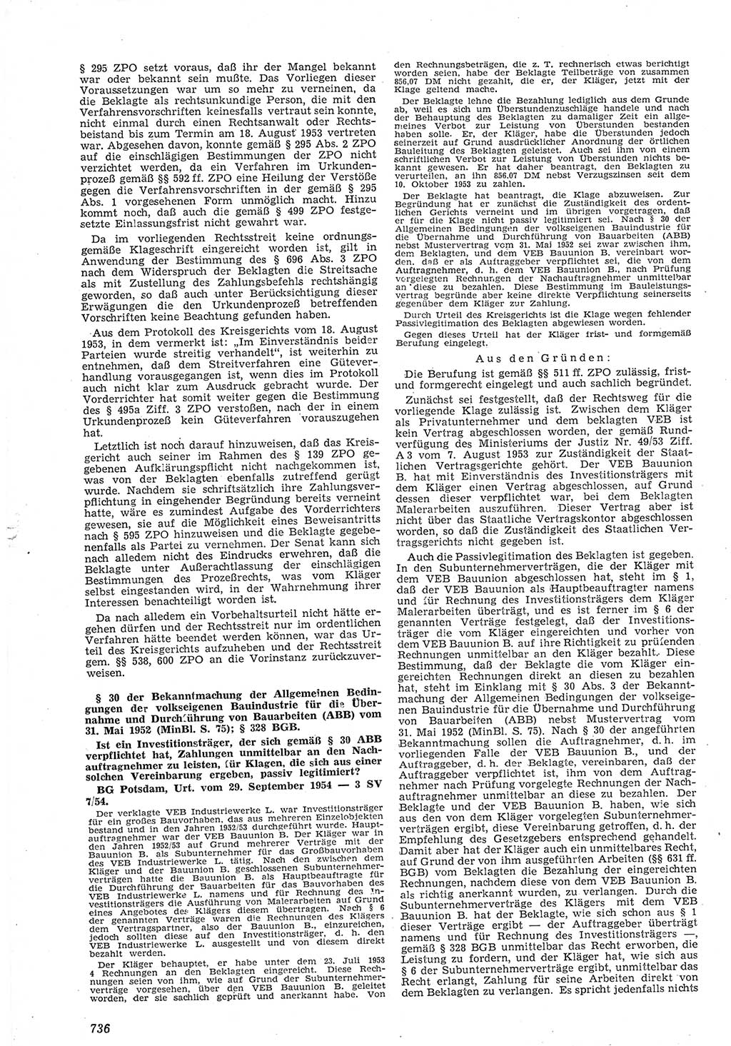Neue Justiz (NJ), Zeitschrift für Recht und Rechtswissenschaft [Deutsche Demokratische Republik (DDR)], 8. Jahrgang 1954, Seite 736 (NJ DDR 1954, S. 736)
