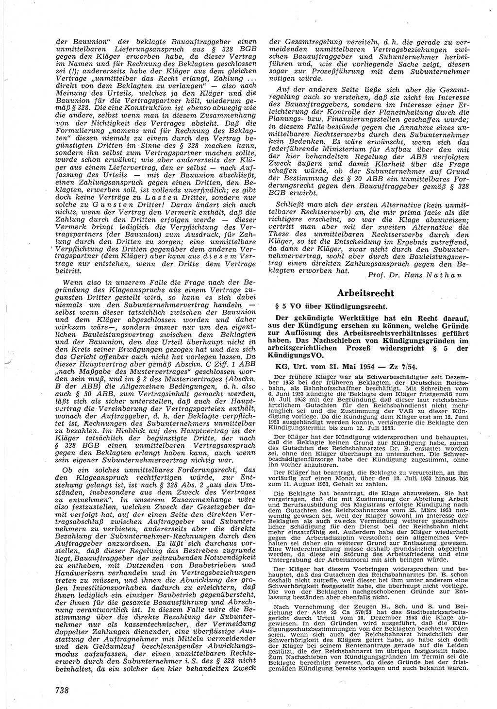 Neue Justiz (NJ), Zeitschrift für Recht und Rechtswissenschaft [Deutsche Demokratische Republik (DDR)], 8. Jahrgang 1954, Seite 738 (NJ DDR 1954, S. 738)