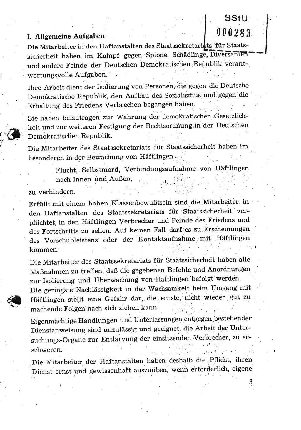 Dienstanweisung für den Dienst und die Ordnung in den Untersuchungshaftanstalten (UHA) des Staatssekretariats für Staatssicherheit (SfS), Deutsche Demokratische Republik (DDR), Staatssekretariat für Staatssicherheit (SfS), Stellvertreter des Ministers, Berlin 1955, Seite 3 (DA MfS DDR Sekr. Min. GVS 2708/55 1955, S. 3)