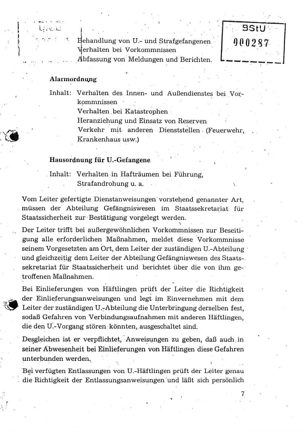 Dienstanweisung für den Dienst und die Ordnung in den Untersuchungshaftanstalten (UHA) des Staatssekretariats für Staatssicherheit (SfS), Deutsche Demokratische Republik (DDR), Staatssekretariat für Staatssicherheit (SfS), Stellvertreter des Ministers, Berlin 1955, Seite 7 (DA MfS DDR Sekr. Min. GVS 2708/55 1955, S. 7)