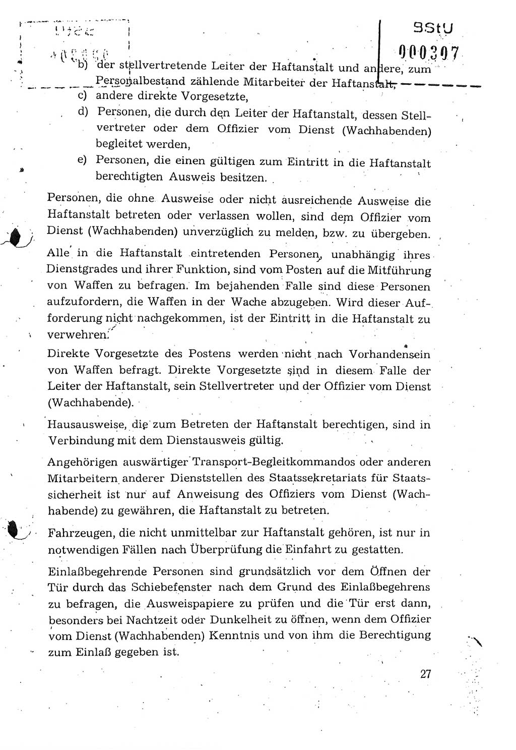 Dienstanweisung für den Dienst und die Ordnung in den Untersuchungshaftanstalten (UHA) des Staatssekretariats für Staatssicherheit (SfS), Deutsche Demokratische Republik (DDR), Staatssekretariat für Staatssicherheit (SfS), Stellvertreter des Ministers, Berlin 1955, Seite 27 (DA MfS DDR Sekr. Min. GVS 2708/55 1955, S. 27)