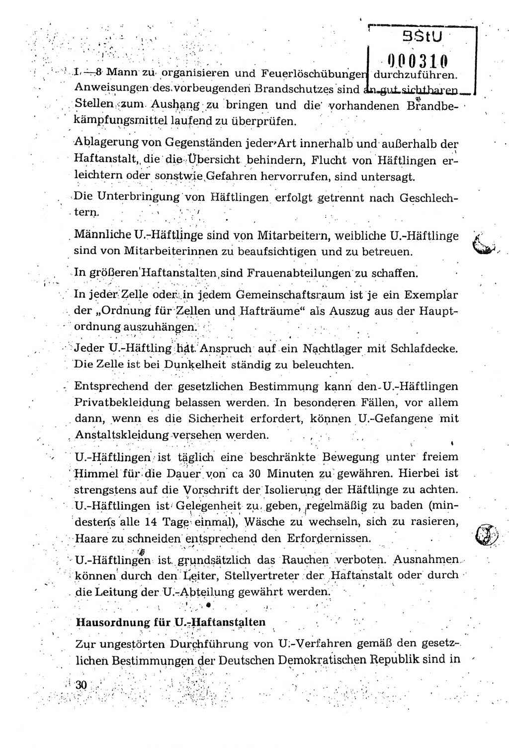 Dienstanweisung für den Dienst und die Ordnung in den Untersuchungshaftanstalten (UHA) des Staatssekretariats für Staatssicherheit (SfS), Deutsche Demokratische Republik (DDR), Staatssekretariat für Staatssicherheit (SfS), Stellvertreter des Ministers, Berlin 1955, Seite 30 (DA MfS DDR Sekr. Min. GVS 2708/55 1955, S. 30)