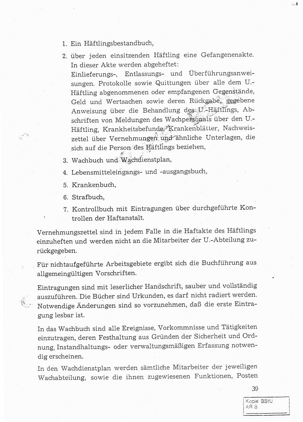 Dienstanweisung für den Dienst und die Ordnung in den Untersuchungshaftanstalten (UHA) des Staatssekretariats für Staatssicherheit (SfS), Deutsche Demokratische Republik (DDR), Staatssekretariat für Staatssicherheit (SfS), Stellvertreter des Ministers, Berlin 1955, Seite 39 (DA MfS DDR Sekr. Min. GVS 2708/55 1955, S. 39)