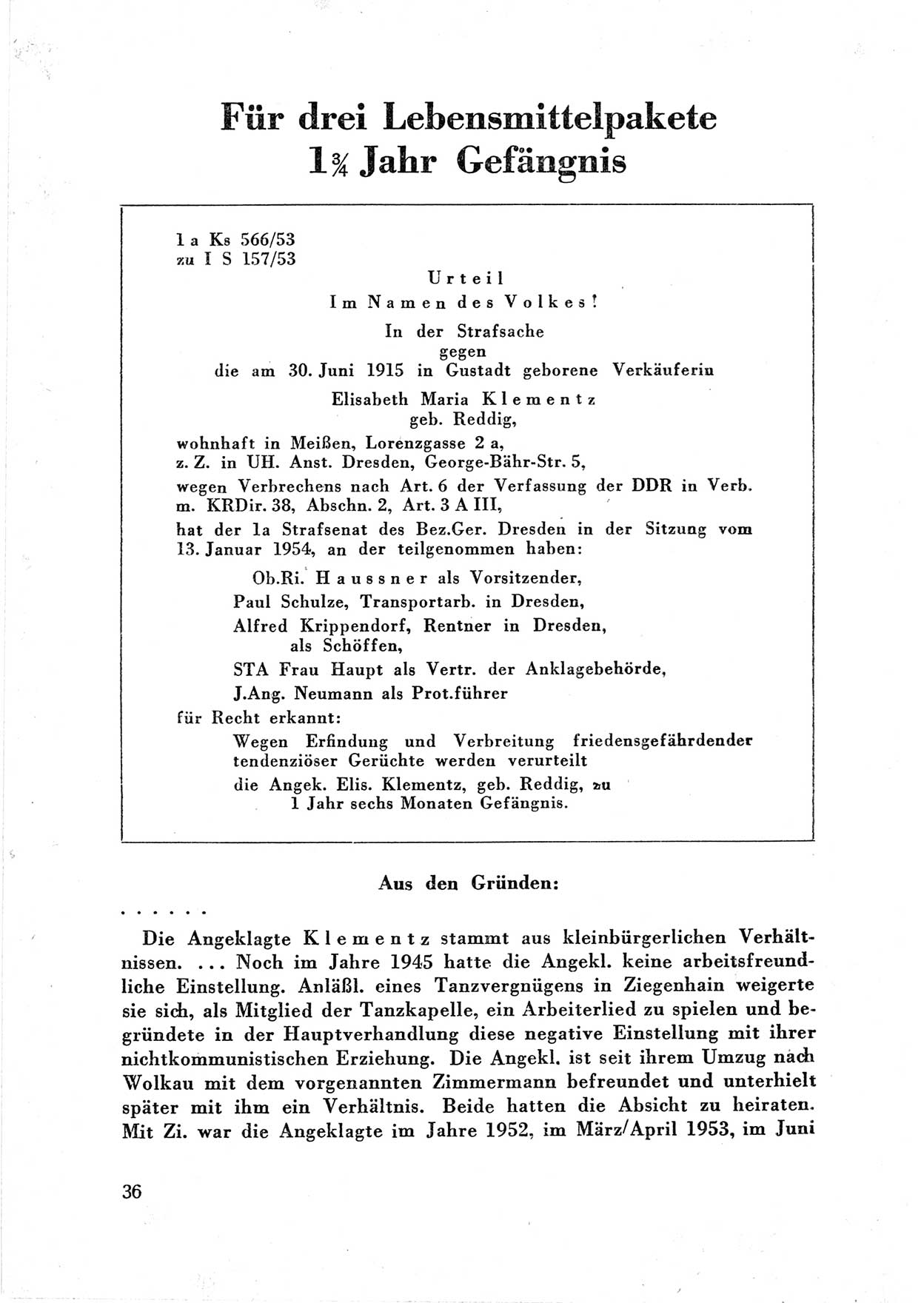 Dokumente des Unrechts, das SED-Regime [Deutsche Demokratische Republik (DDR)] in der Praxis, neue Folge, herausgegeben vom Bundesministerium für gesamtdeutsche Fragen (BMG) [Bundesrepublik Deutschland (BRD)], Bonn 1955, Seite 36 (Dok. UnR. SED-Reg. DDR BMG BRD 1955, S. 36)