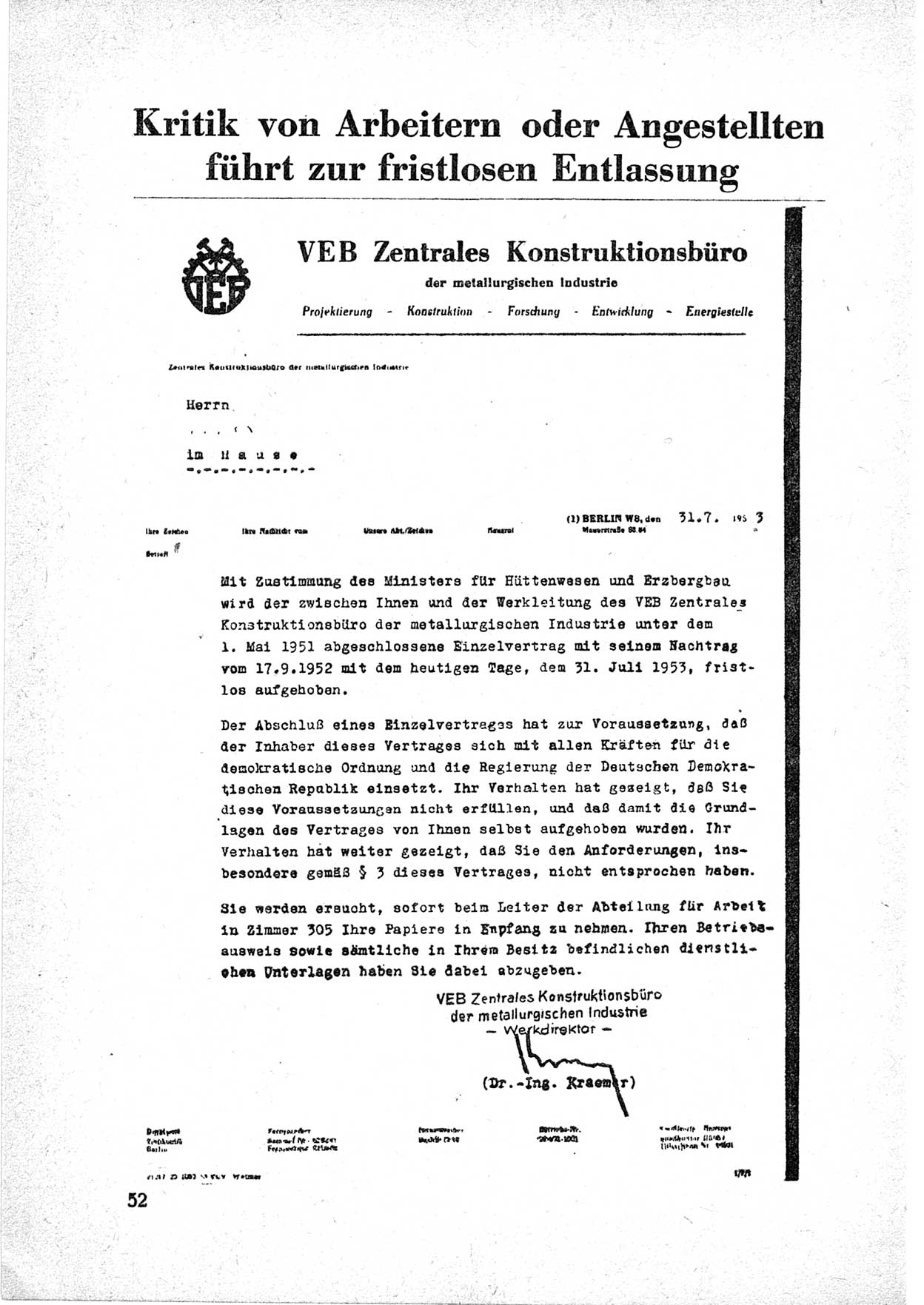 Dokumente des Unrechts, das SED-Regime [Deutsche Demokratische Republik (DDR)] in der Praxis, neue Folge, herausgegeben vom Bundesministerium fÃ¼r gesamtdeutsche Fragen (BMG) [Bundesrepublik Deutschland (BRD)], Bonn 1955, Seite 52 (Dok. UnR. SED-Reg. DDR BMG BRD 1955, S. 52)