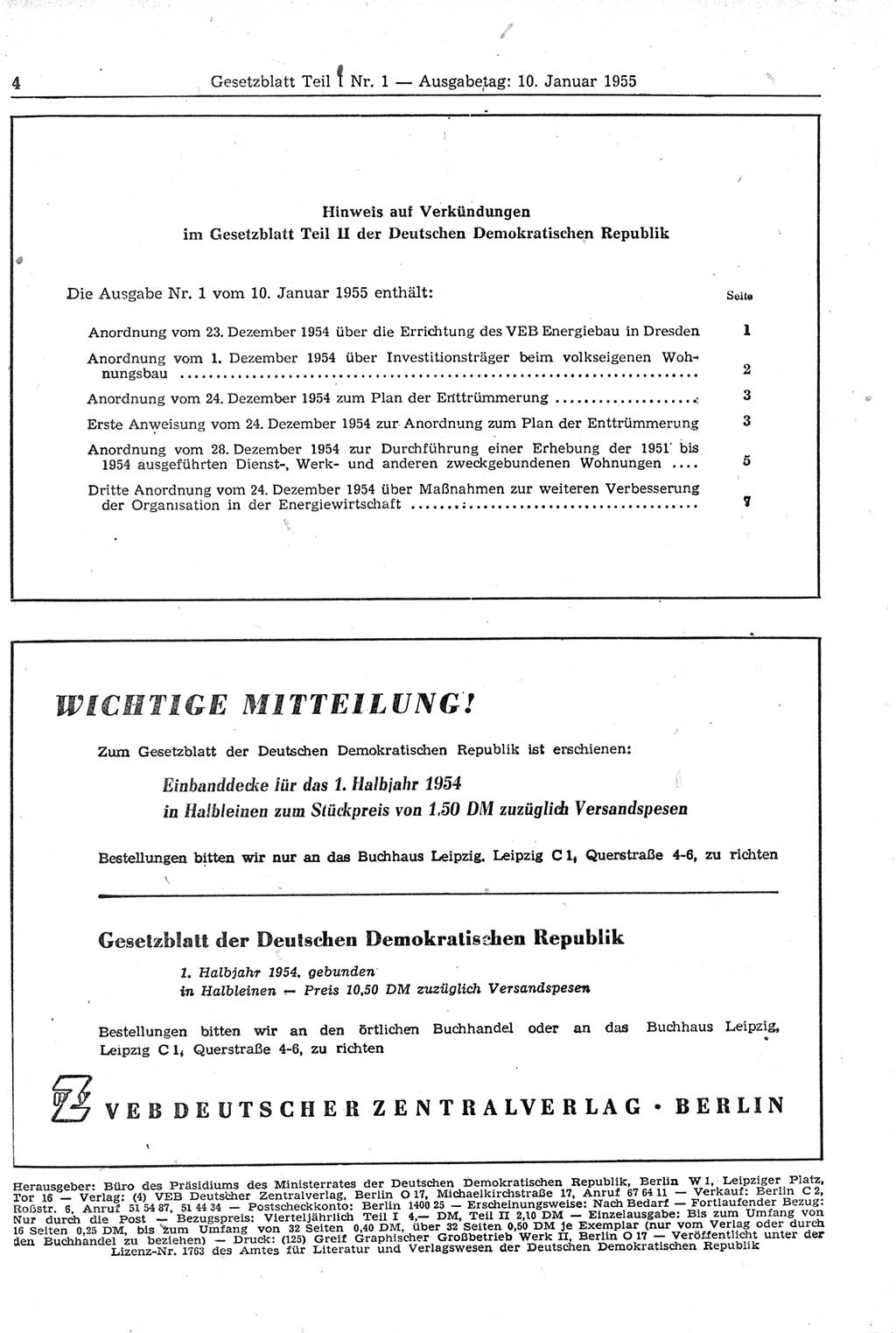 Gesetzblatt (GBl.) der Deutschen Demokratischen Republik (DDR) Teil Ⅰ 1955, Seite 4 (GBl. DDR Ⅰ 1955, S. 4)