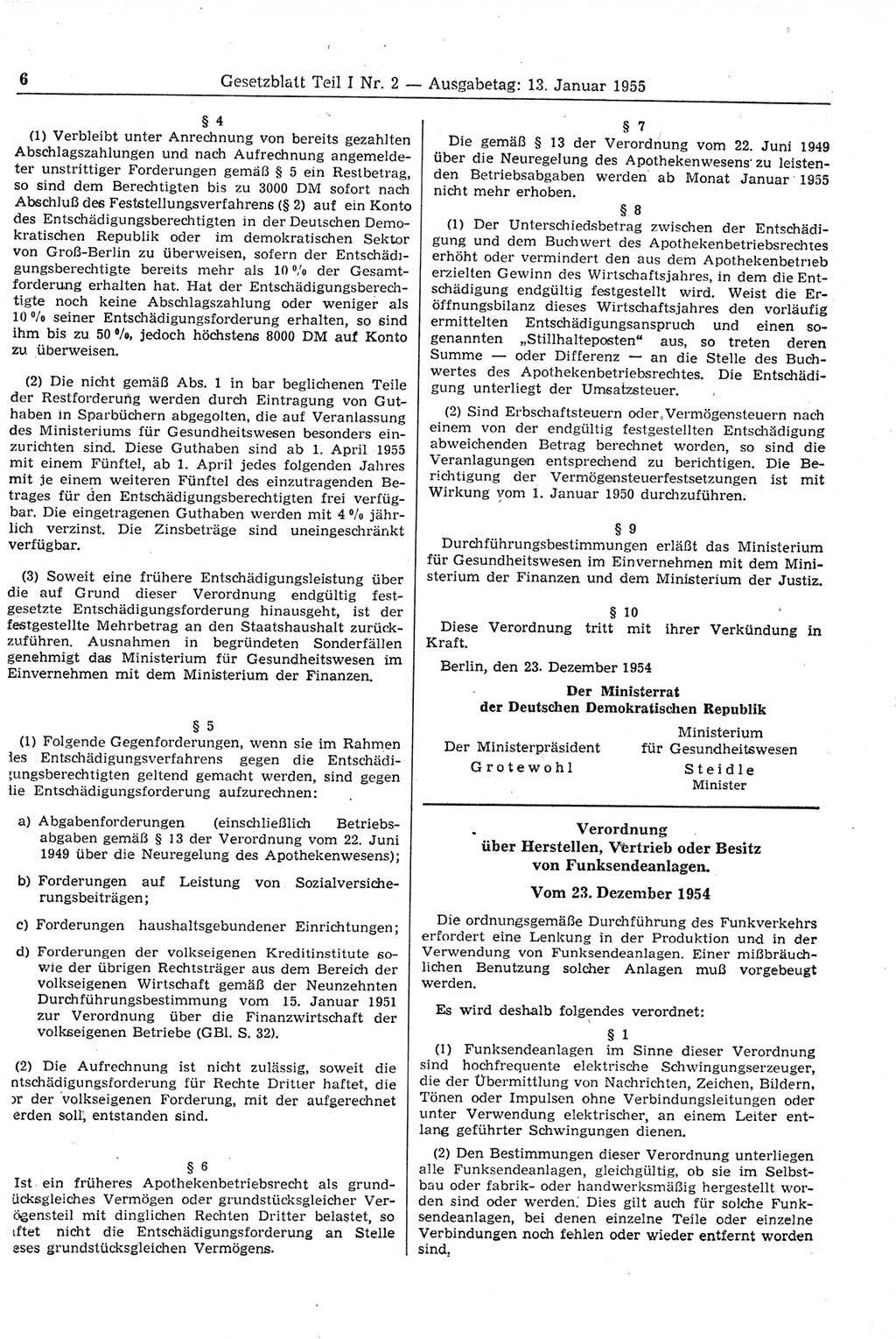 Gesetzblatt (GBl.) der Deutschen Demokratischen Republik (DDR) Teil Ⅰ 1955, Seite 6 (GBl. DDR Ⅰ 1955, S. 6)