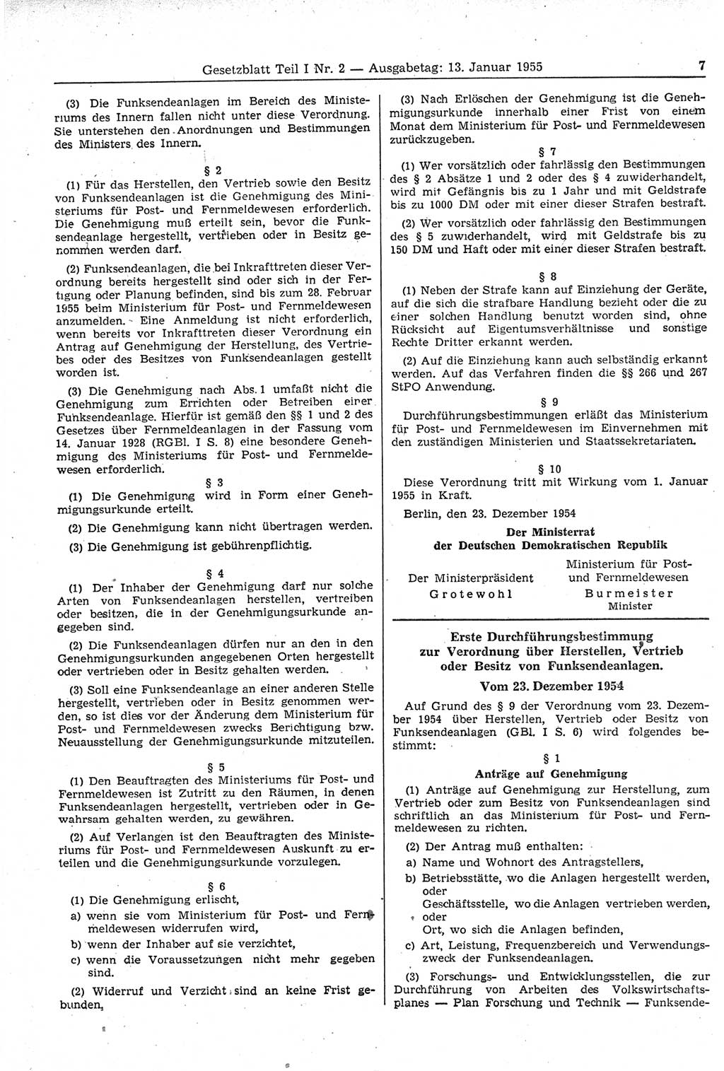 Gesetzblatt (GBl.) der Deutschen Demokratischen Republik (DDR) Teil Ⅰ 1955, Seite 7 (GBl. DDR Ⅰ 1955, S. 7)