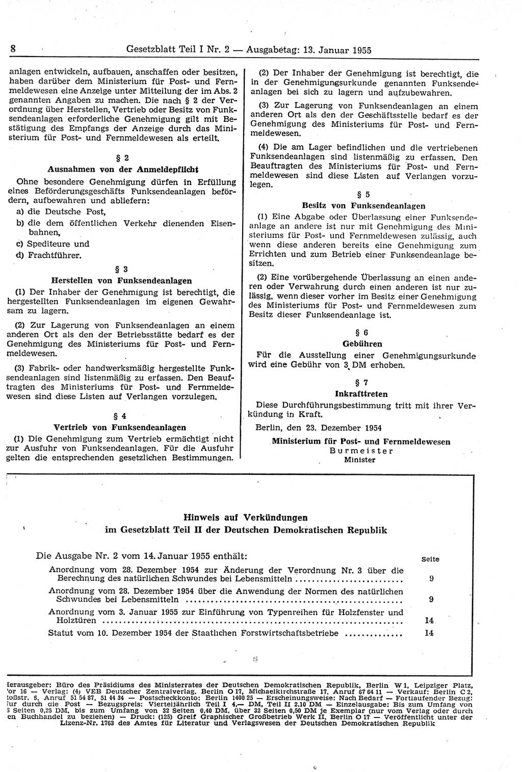 Gesetzblatt (GBl.) der Deutschen Demokratischen Republik (DDR) Teil Ⅰ 1955, Seite 8 (GBl. DDR Ⅰ 1955, S. 8)