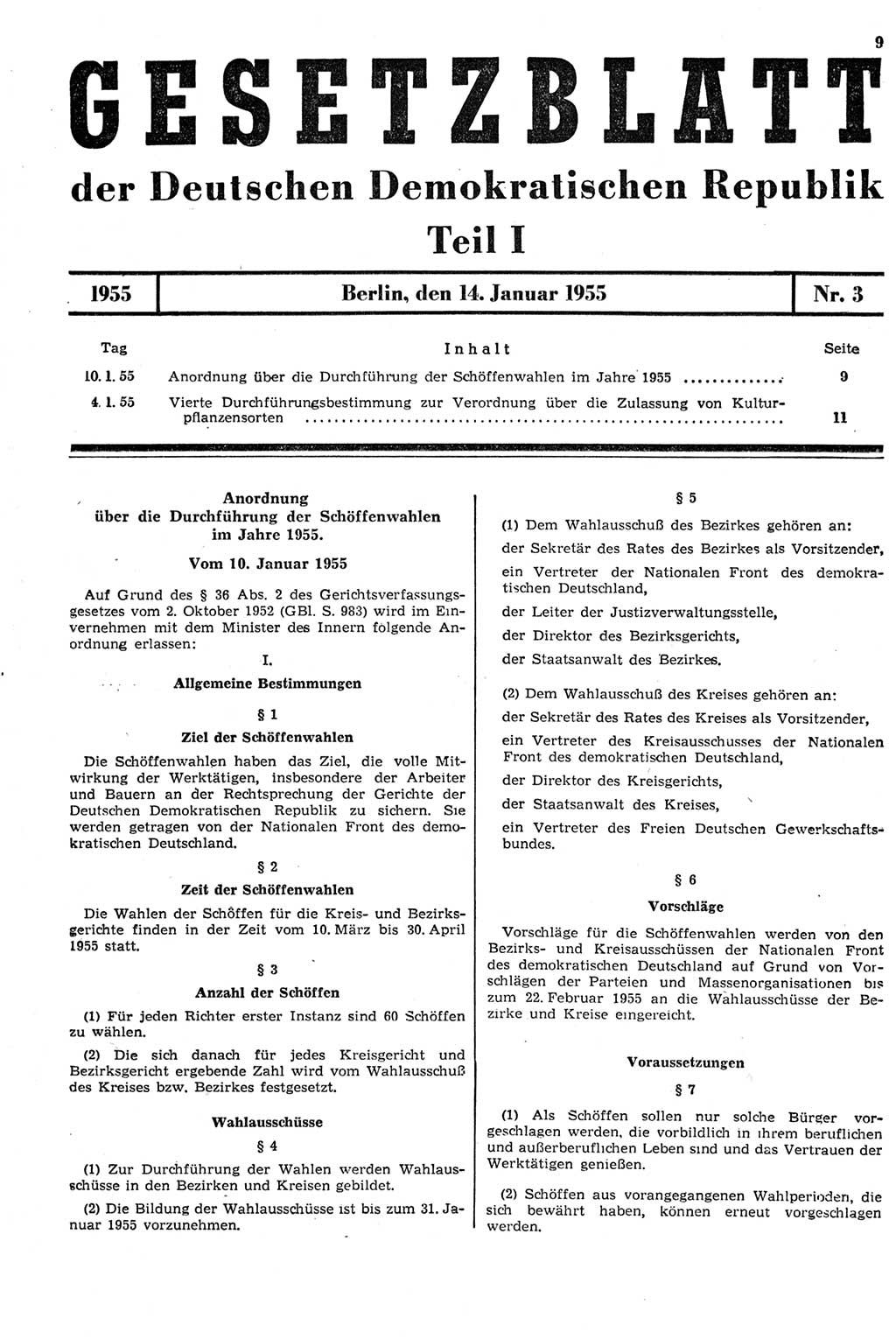Gesetzblatt (GBl.) der Deutschen Demokratischen Republik (DDR) Teil Ⅰ 1955, Seite 9 (GBl. DDR Ⅰ 1955, S. 9)