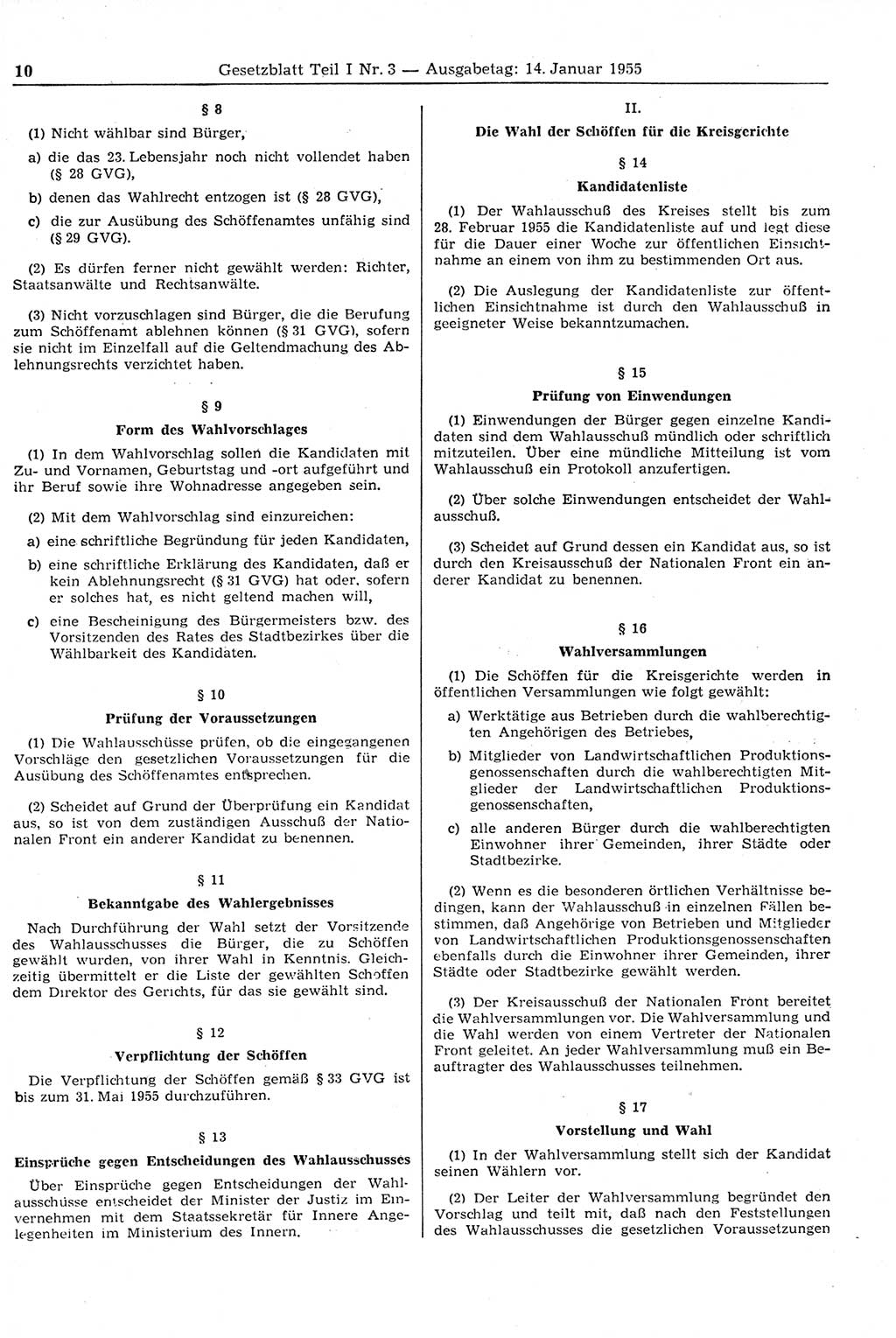Gesetzblatt (GBl.) der Deutschen Demokratischen Republik (DDR) Teil Ⅰ 1955, Seite 10 (GBl. DDR Ⅰ 1955, S. 10)