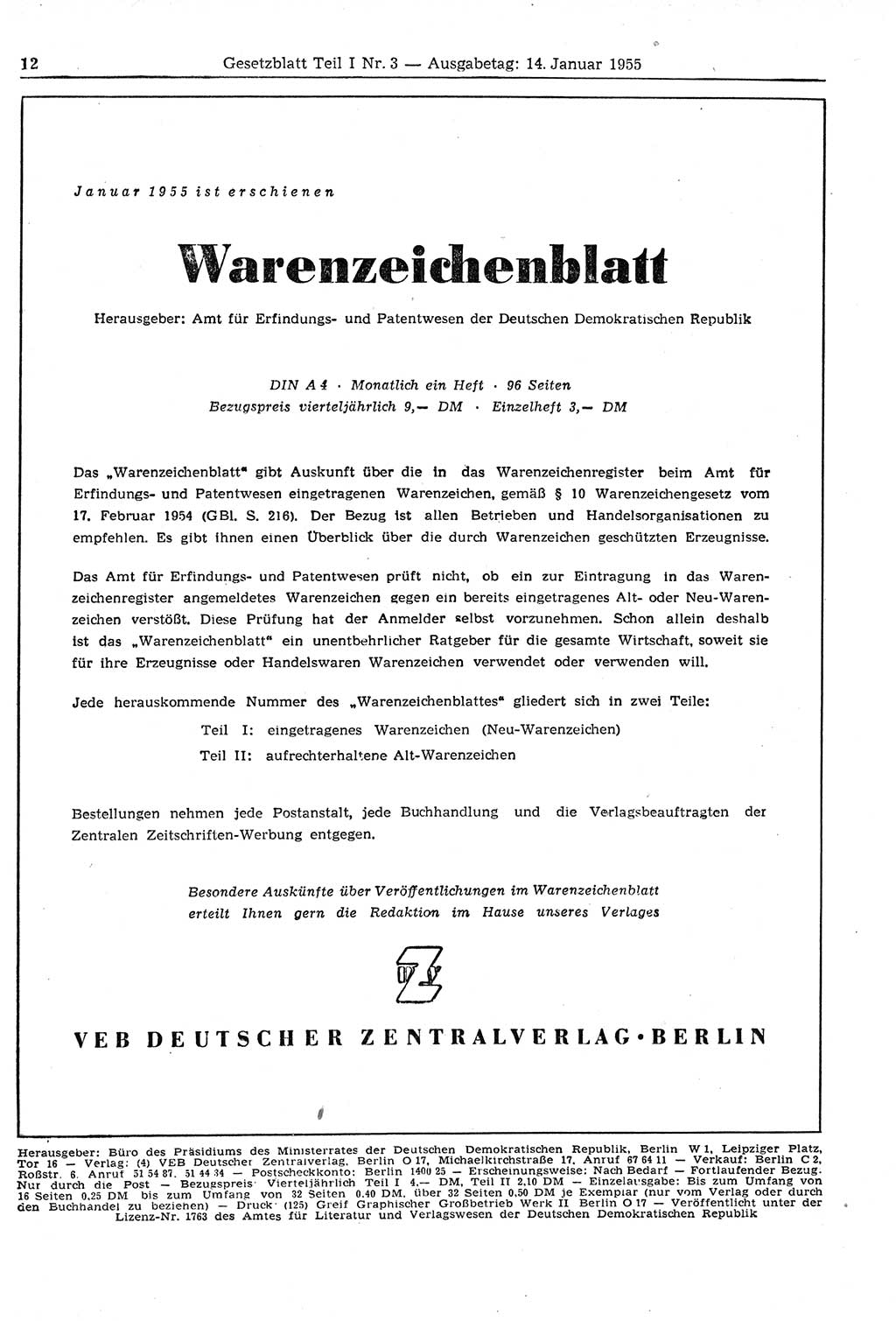 Gesetzblatt (GBl.) der Deutschen Demokratischen Republik (DDR) Teil Ⅰ 1955, Seite 12 (GBl. DDR Ⅰ 1955, S. 12)