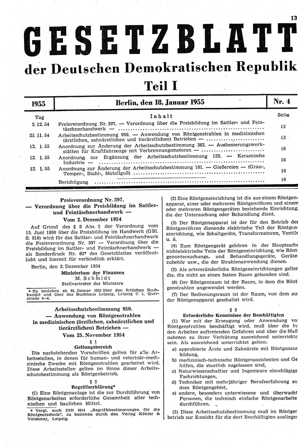 Gesetzblatt (GBl.) der Deutschen Demokratischen Republik (DDR) Teil Ⅰ 1955, Seite 13 (GBl. DDR Ⅰ 1955, S. 13)
