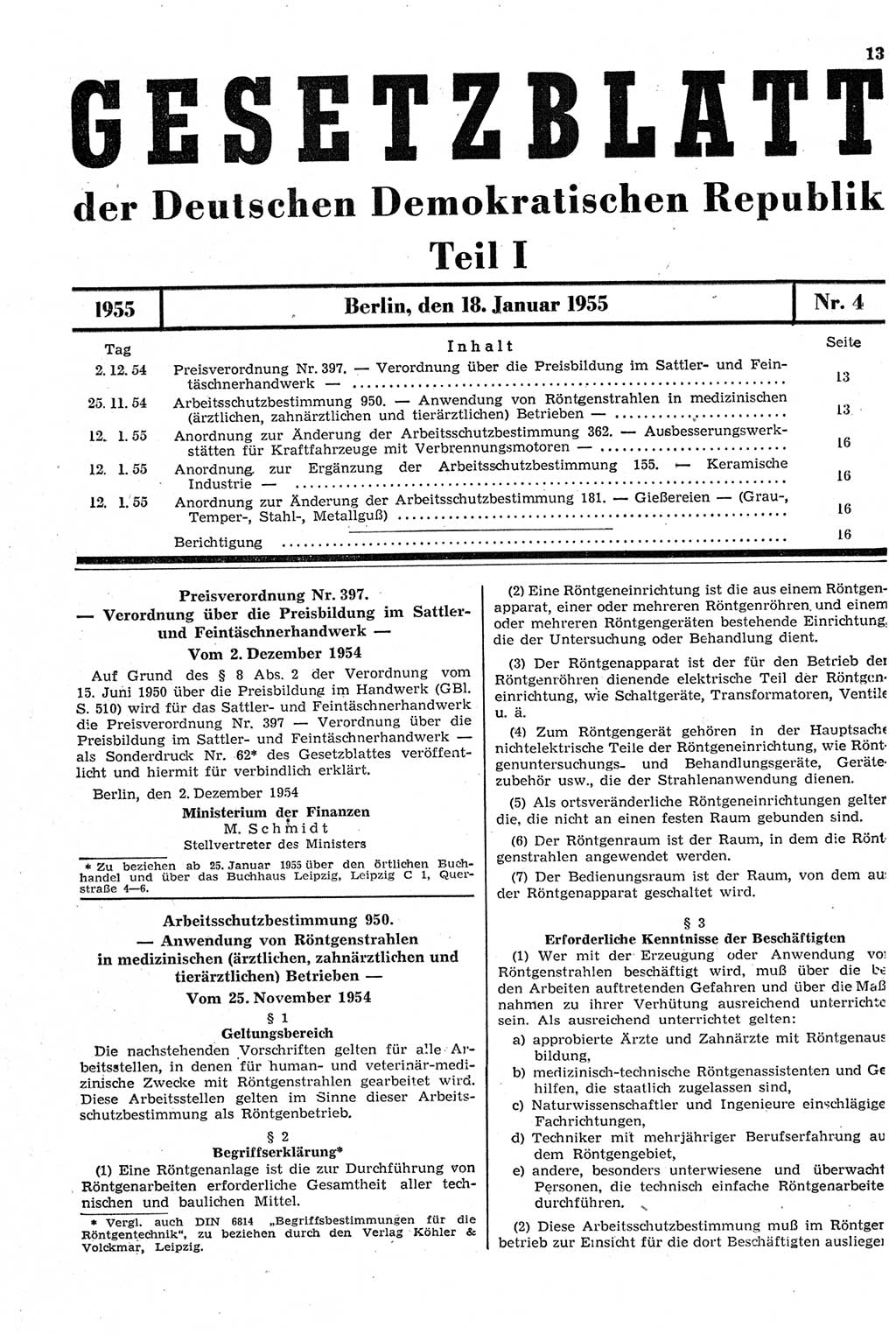 Gesetzblatt (GBl.) der Deutschen Demokratischen Republik (DDR) Teil Ⅰ 1955, Seite 13 (GBl. DDR Ⅰ 1955, S. 13)