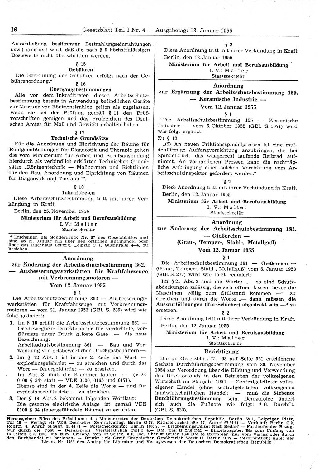 Gesetzblatt (GBl.) der Deutschen Demokratischen Republik (DDR) Teil Ⅰ 1955, Seite 16 (GBl. DDR Ⅰ 1955, S. 16)