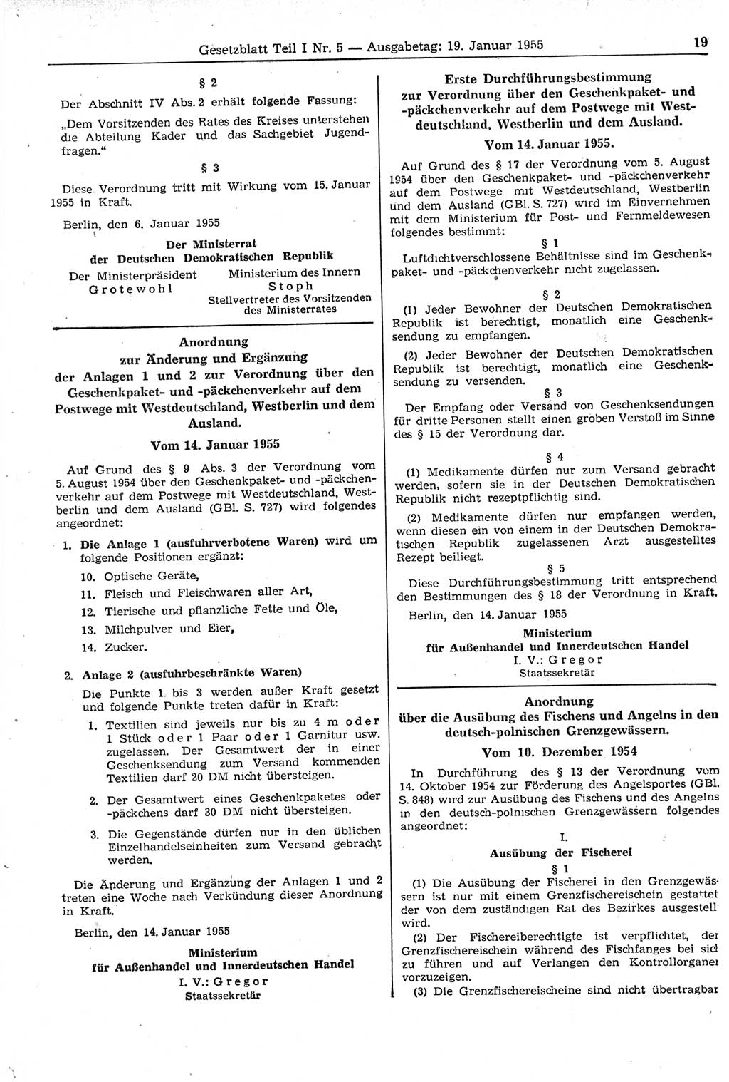 Gesetzblatt (GBl.) der Deutschen Demokratischen Republik (DDR) Teil Ⅰ 1955, Seite 19 (GBl. DDR Ⅰ 1955, S. 19)