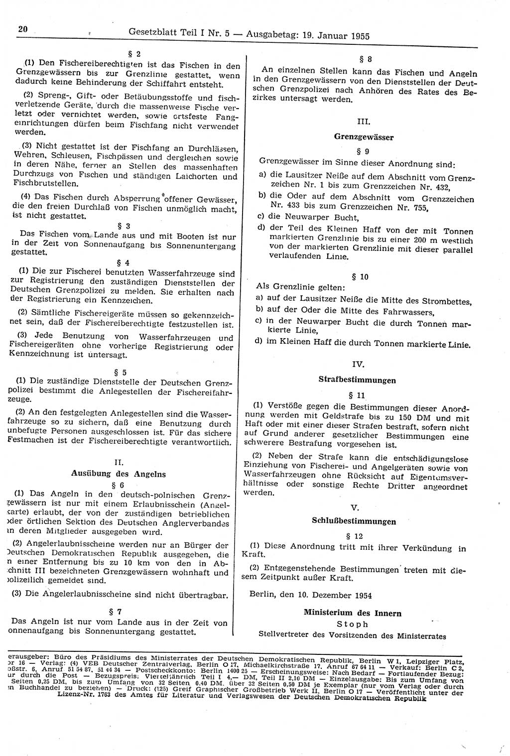 Gesetzblatt (GBl.) der Deutschen Demokratischen Republik (DDR) Teil Ⅰ 1955, Seite 20 (GBl. DDR Ⅰ 1955, S. 20)