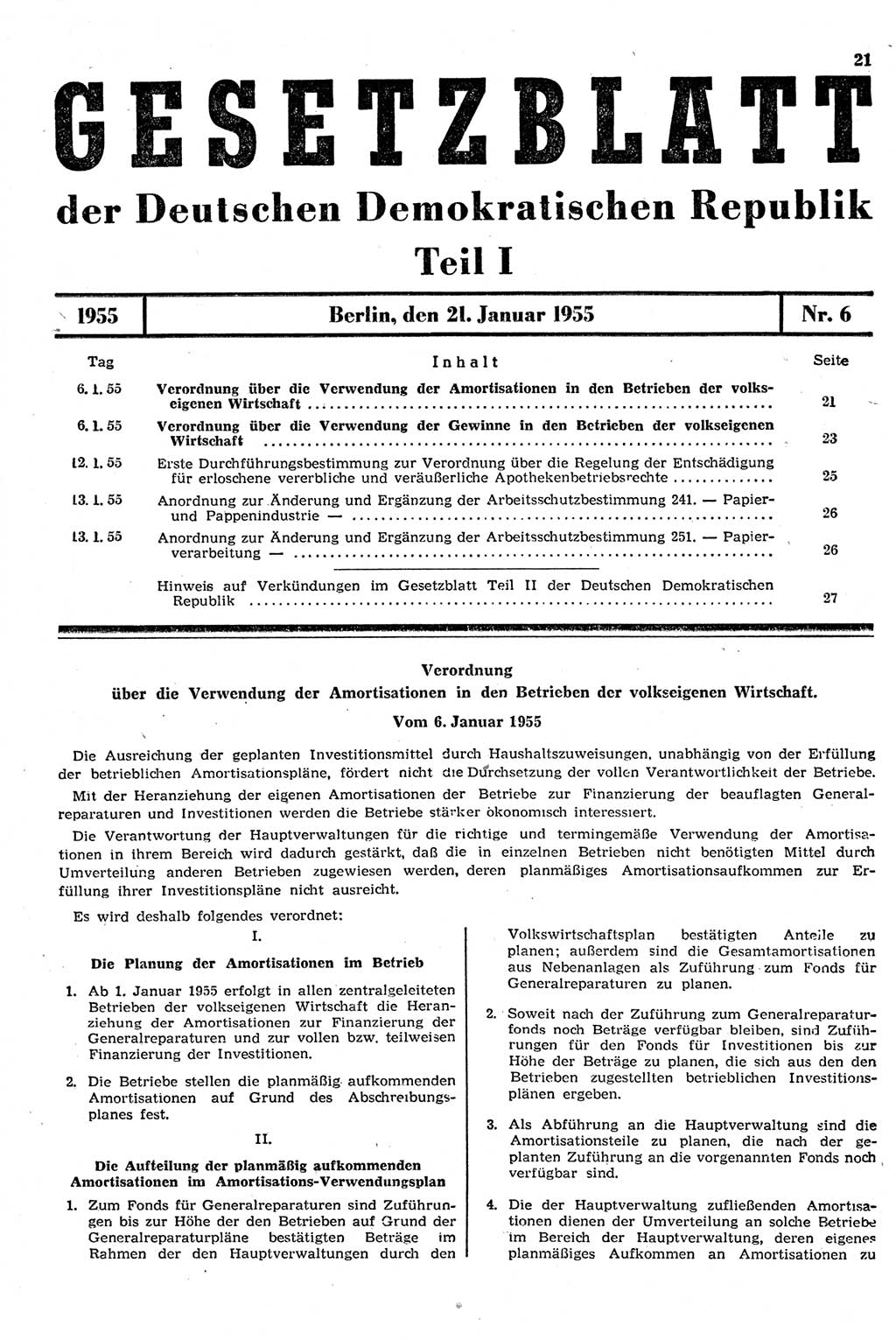 Gesetzblatt (GBl.) der Deutschen Demokratischen Republik (DDR) Teil Ⅰ 1955, Seite 21 (GBl. DDR Ⅰ 1955, S. 21)