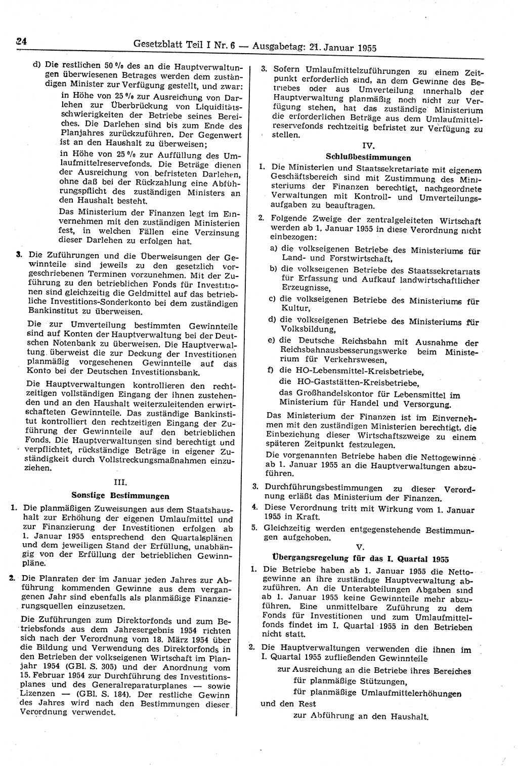 Gesetzblatt (GBl.) der Deutschen Demokratischen Republik (DDR) Teil Ⅰ 1955, Seite 24 (GBl. DDR Ⅰ 1955, S. 24)