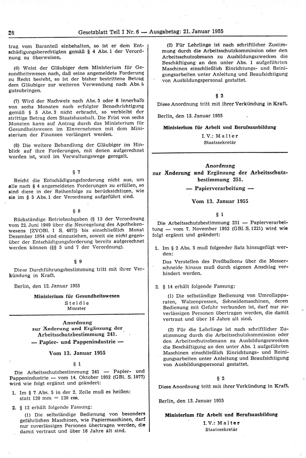 Gesetzblatt (GBl.) der Deutschen Demokratischen Republik (DDR) Teil Ⅰ 1955, Seite 26 (GBl. DDR Ⅰ 1955, S. 26)