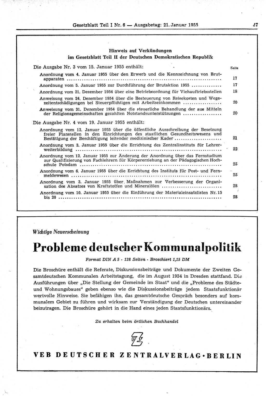 Gesetzblatt (GBl.) der Deutschen Demokratischen Republik (DDR) Teil Ⅰ 1955, Seite 27 (GBl. DDR Ⅰ 1955, S. 27)