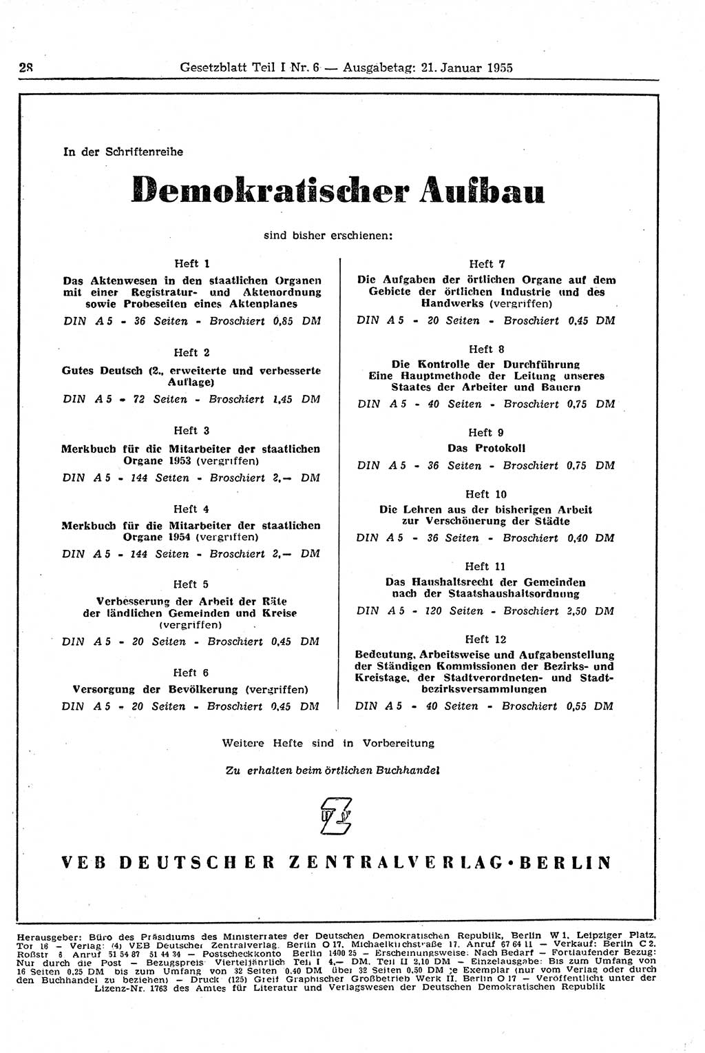 Gesetzblatt (GBl.) der Deutschen Demokratischen Republik (DDR) Teil Ⅰ 1955, Seite 28 (GBl. DDR Ⅰ 1955, S. 28)