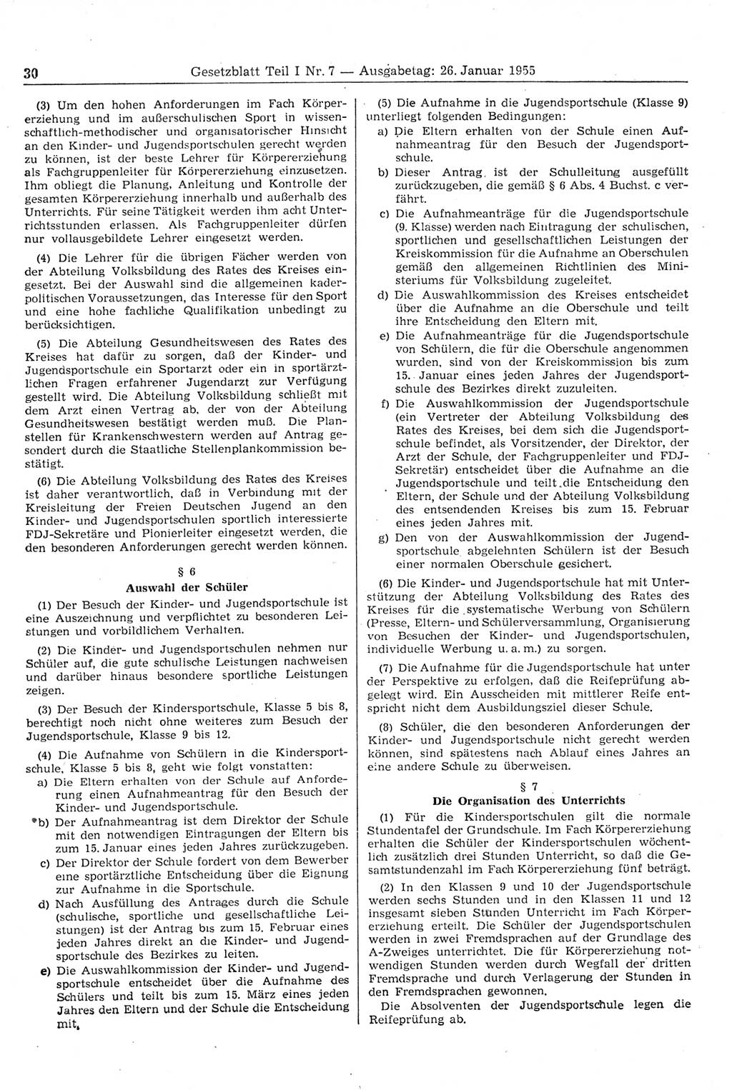 Gesetzblatt (GBl.) der Deutschen Demokratischen Republik (DDR) Teil Ⅰ 1955, Seite 30 (GBl. DDR Ⅰ 1955, S. 30)