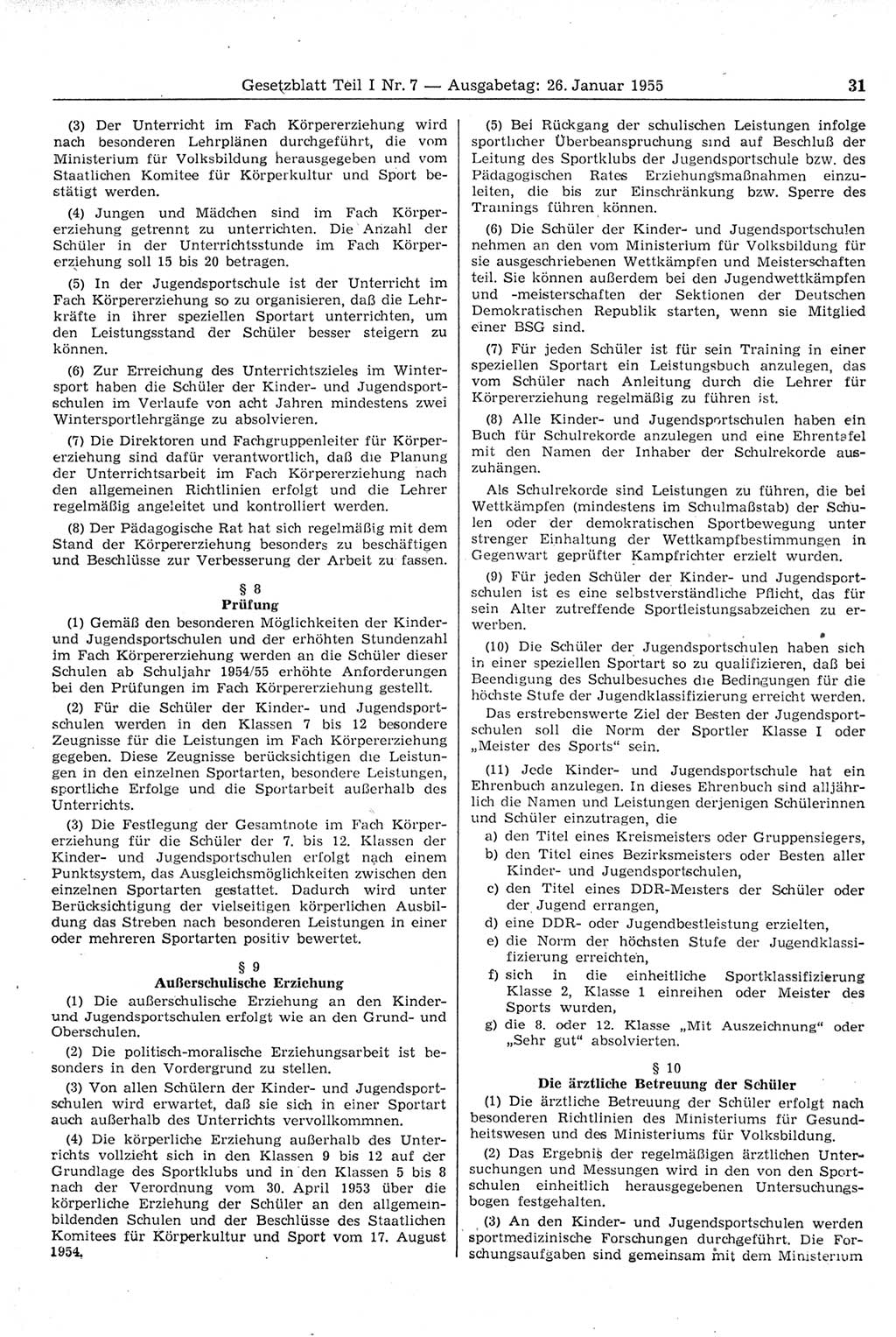 Gesetzblatt (GBl.) der Deutschen Demokratischen Republik (DDR) Teil Ⅰ 1955, Seite 31 (GBl. DDR Ⅰ 1955, S. 31)
