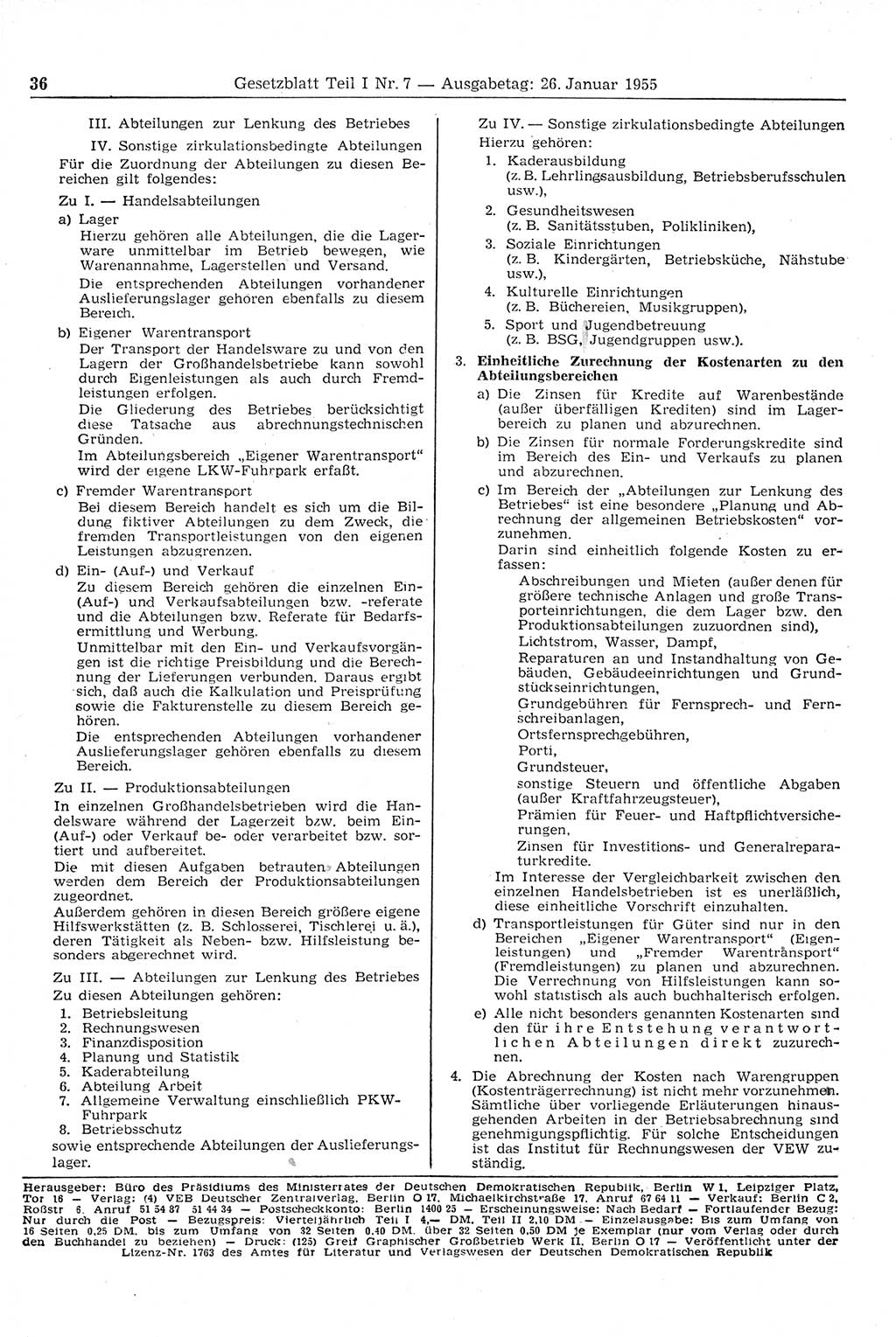 Gesetzblatt (GBl.) der Deutschen Demokratischen Republik (DDR) Teil Ⅰ 1955, Seite 36 (GBl. DDR Ⅰ 1955, S. 36)