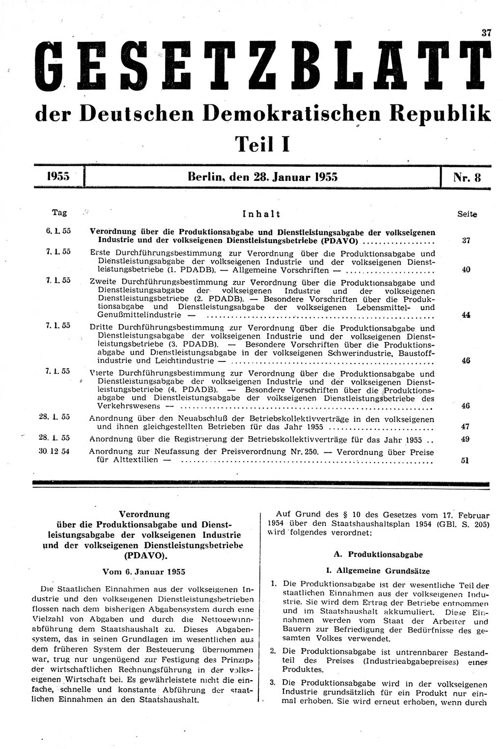 Gesetzblatt (GBl.) der Deutschen Demokratischen Republik (DDR) Teil Ⅰ 1955, Seite 37 (GBl. DDR Ⅰ 1955, S. 37)