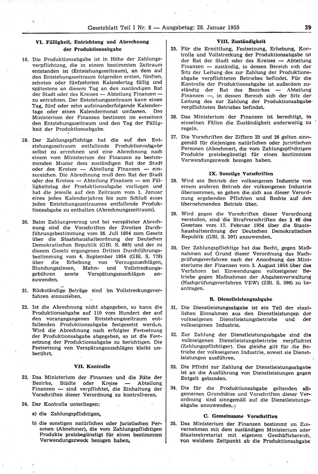Gesetzblatt (GBl.) der Deutschen Demokratischen Republik (DDR) Teil Ⅰ 1955, Seite 39 (GBl. DDR Ⅰ 1955, S. 39)