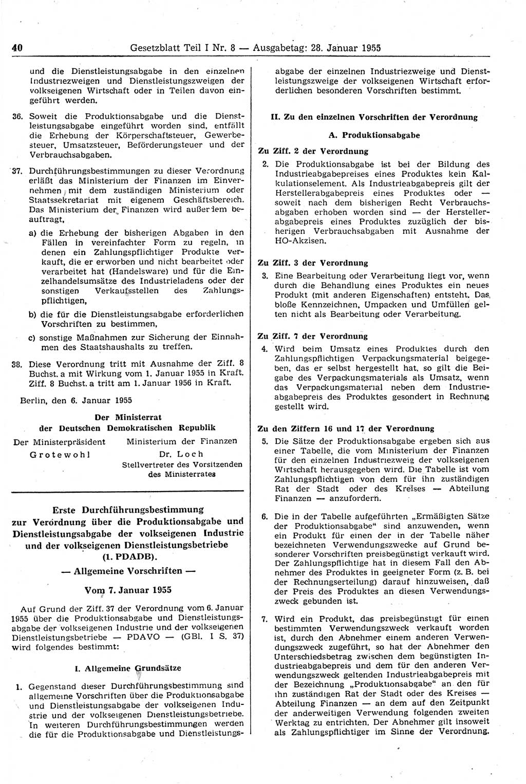 Gesetzblatt (GBl.) der Deutschen Demokratischen Republik (DDR) Teil Ⅰ 1955, Seite 40 (GBl. DDR Ⅰ 1955, S. 40)