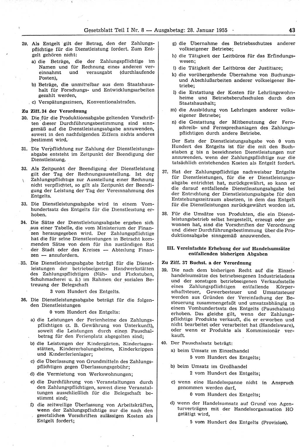 Gesetzblatt (GBl.) der Deutschen Demokratischen Republik (DDR) Teil Ⅰ 1955, Seite 43 (GBl. DDR Ⅰ 1955, S. 43)