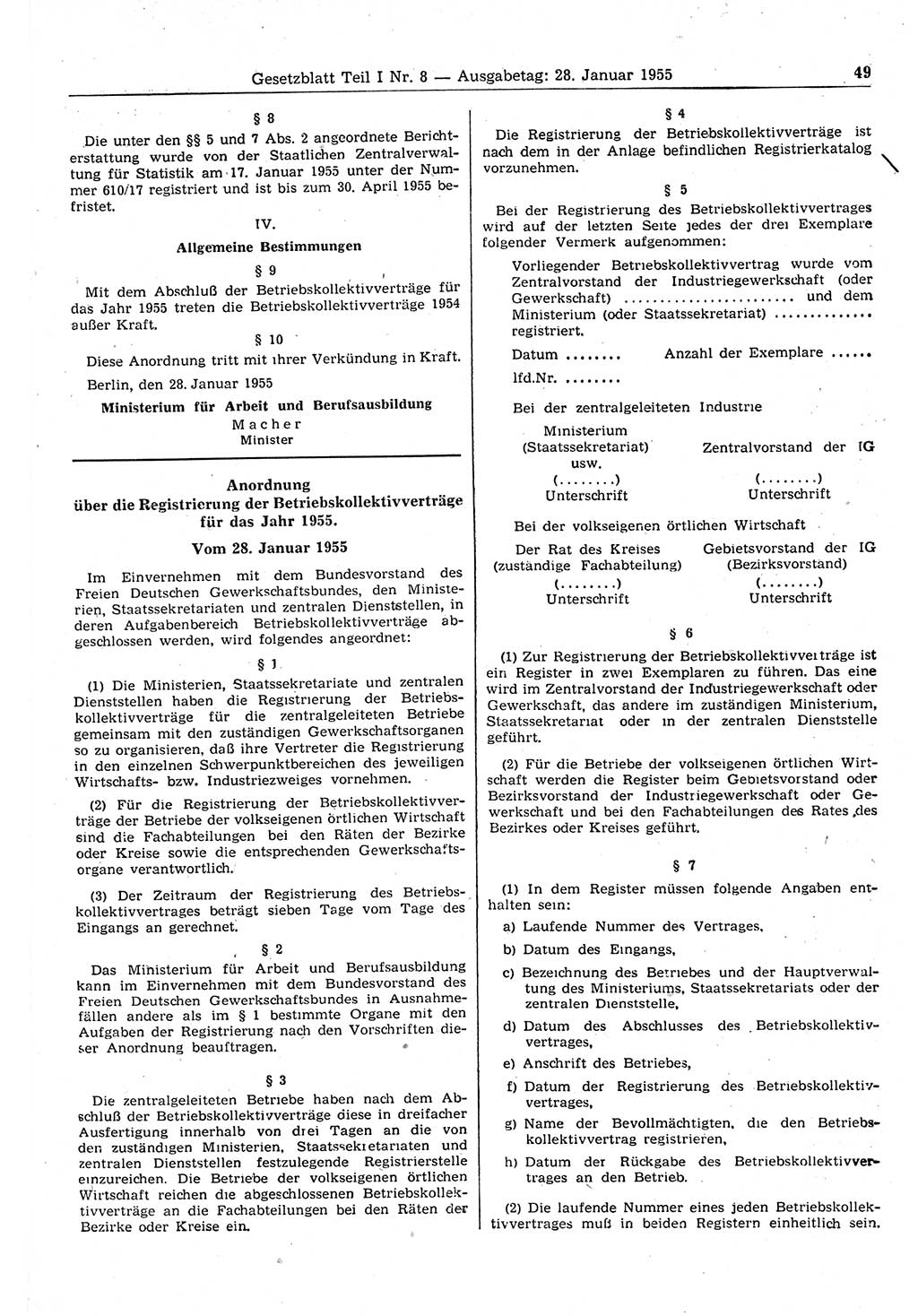 Gesetzblatt (GBl.) der Deutschen Demokratischen Republik (DDR) Teil Ⅰ 1955, Seite 49 (GBl. DDR Ⅰ 1955, S. 49)