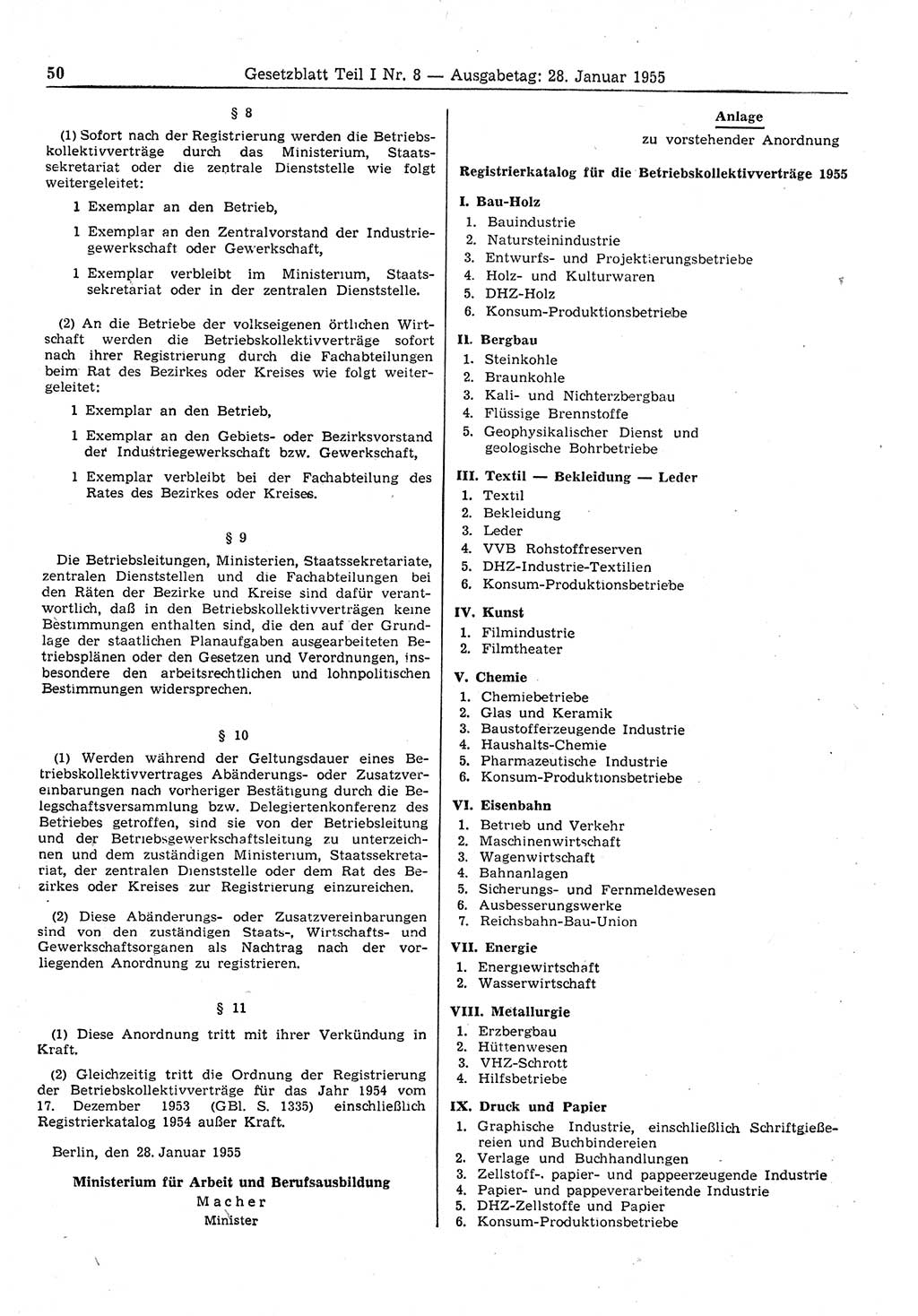 Gesetzblatt (GBl.) der Deutschen Demokratischen Republik (DDR) Teil â… 1955, Seite 50 (GBl. DDR â… 1955, S. 50)