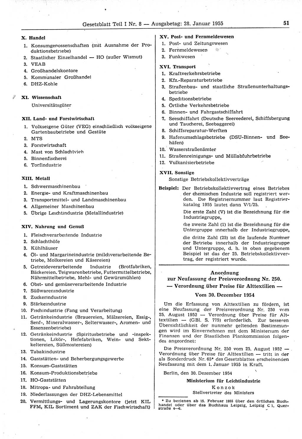 Gesetzblatt (GBl.) der Deutschen Demokratischen Republik (DDR) Teil Ⅰ 1955, Seite 51 (GBl. DDR Ⅰ 1955, S. 51)