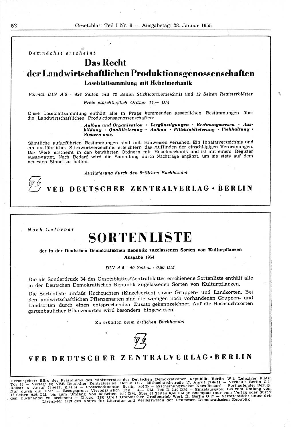 Gesetzblatt (GBl.) der Deutschen Demokratischen Republik (DDR) Teil Ⅰ 1955, Seite 52 (GBl. DDR Ⅰ 1955, S. 52)