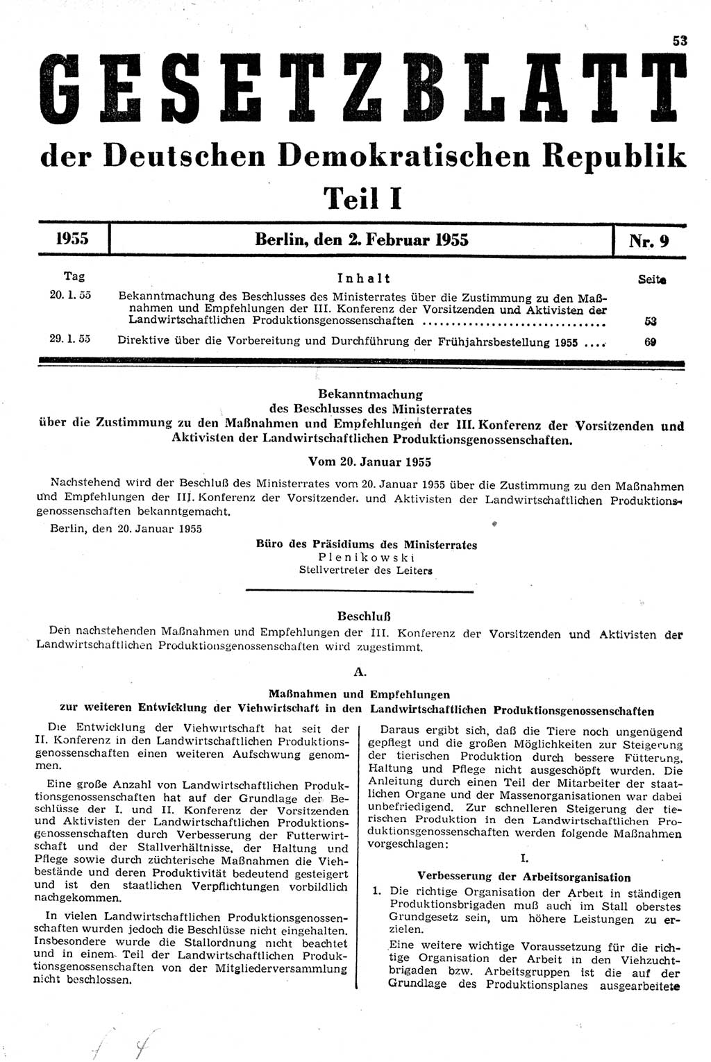 Gesetzblatt (GBl.) der Deutschen Demokratischen Republik (DDR) Teil Ⅰ 1955, Seite 53 (GBl. DDR Ⅰ 1955, S. 53)