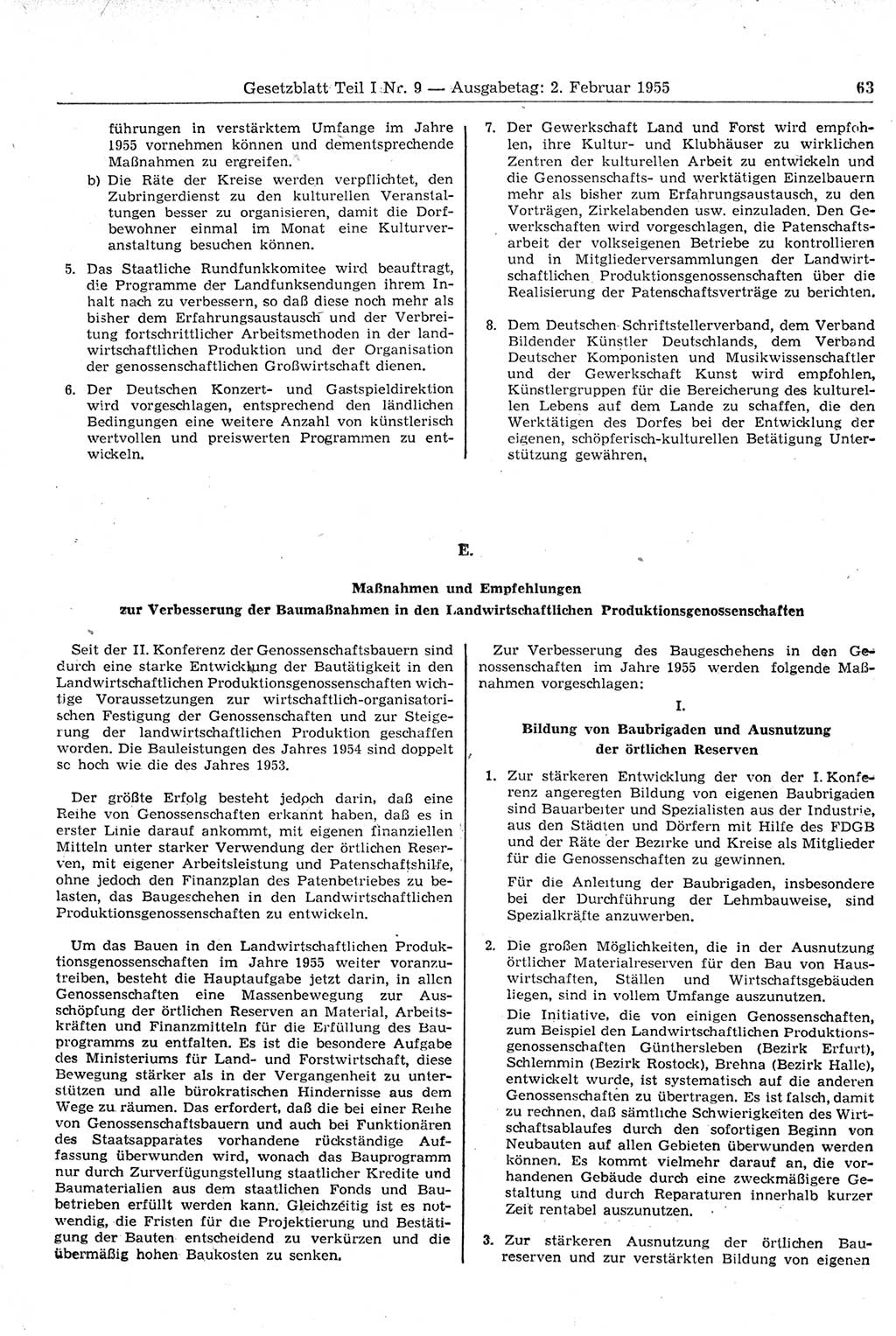 Gesetzblatt (GBl.) der Deutschen Demokratischen Republik (DDR) Teil Ⅰ 1955, Seite 63 (GBl. DDR Ⅰ 1955, S. 63)